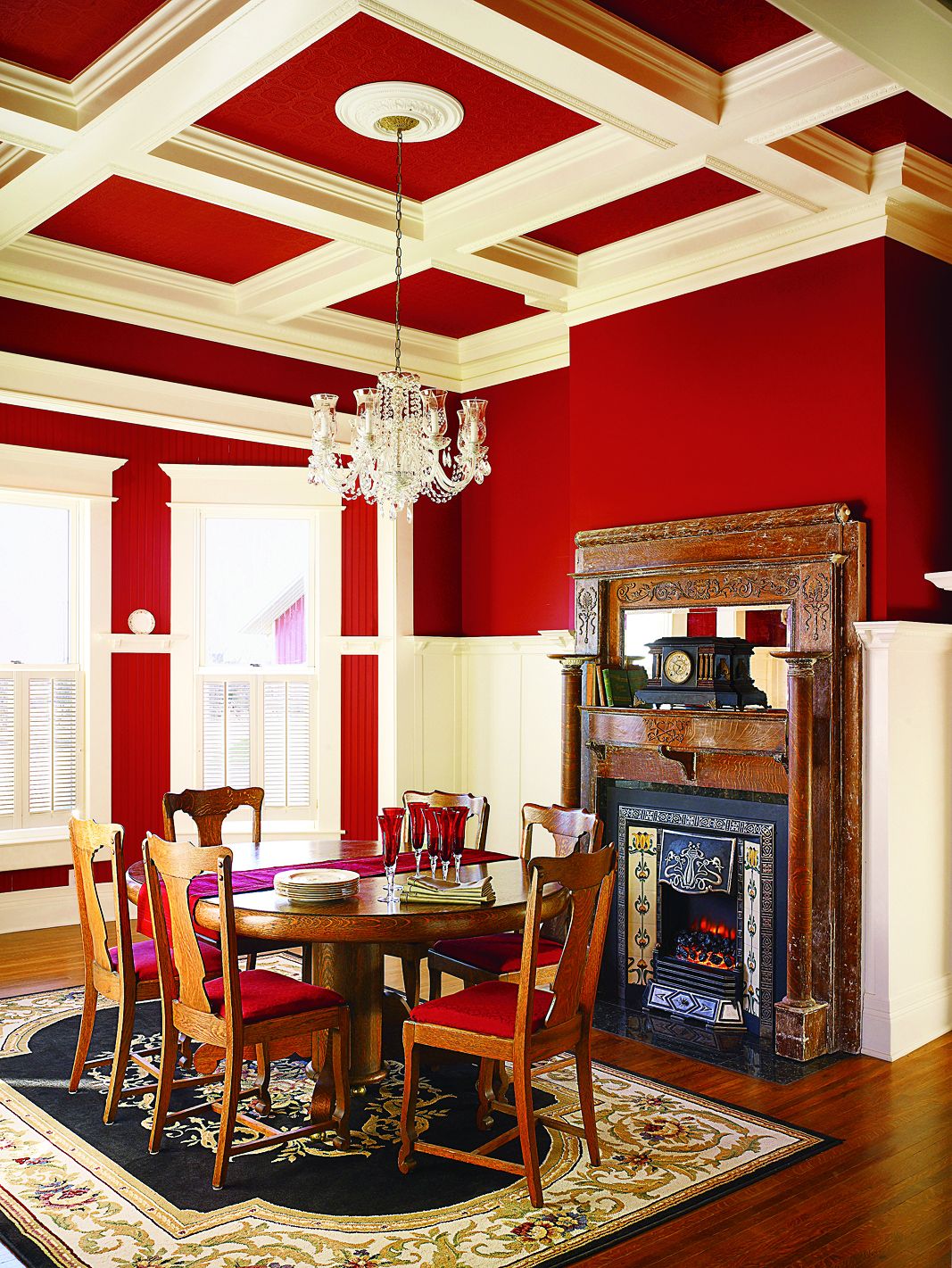 A gas fireplace in a dining room.