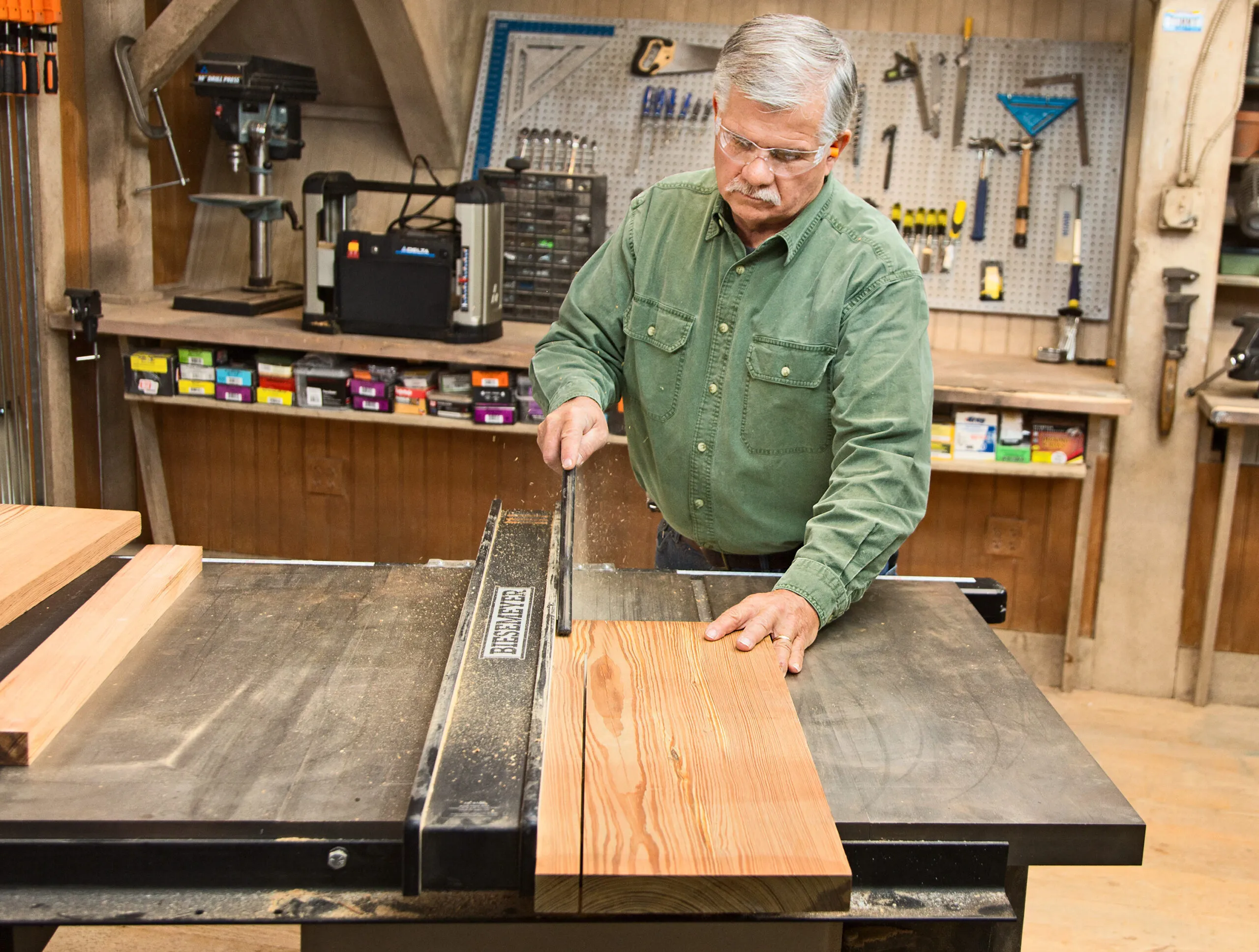 An end grain cutting board is ripped into strips.