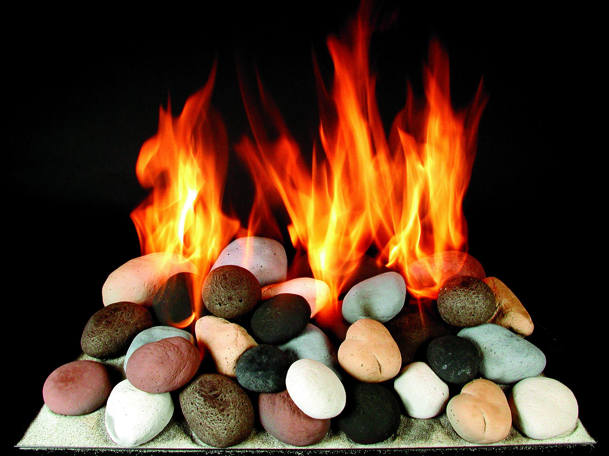 A fire in a stone fireplace.