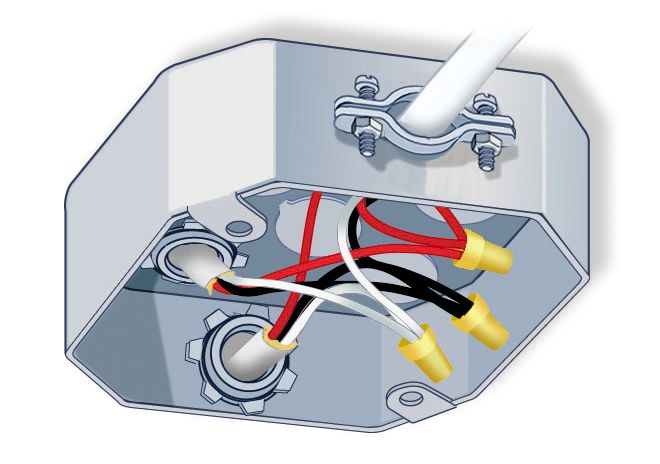 A diagram of a junction box with wires inside.