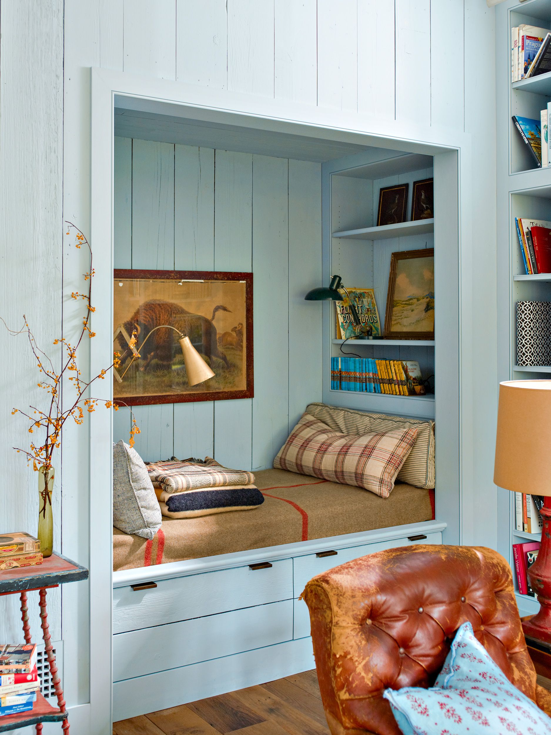 An integrated alcove reading nook.