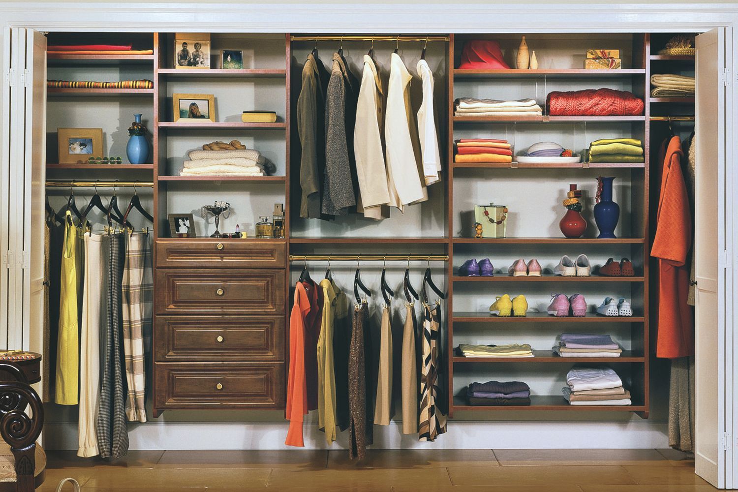 a completed closet system where all items are organized