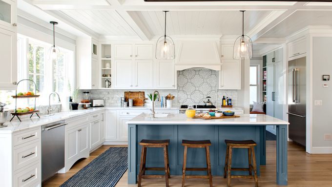 A kitchen island in large modern kitchen.