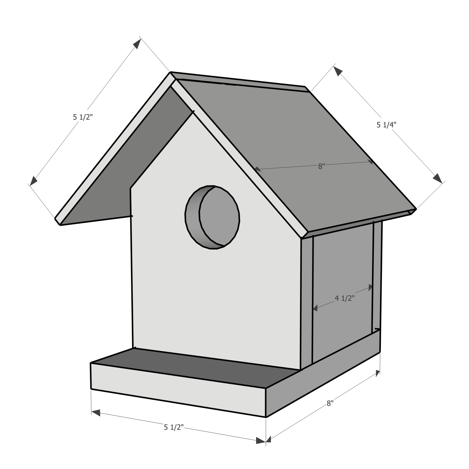 Illustration of a completed birdhouse with measurements for the different pieces needed to build it.