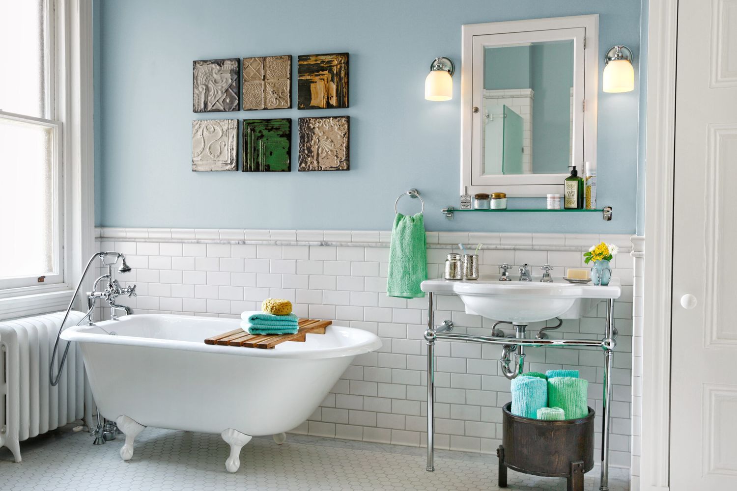 a bathroom with a finished tiled tub surround