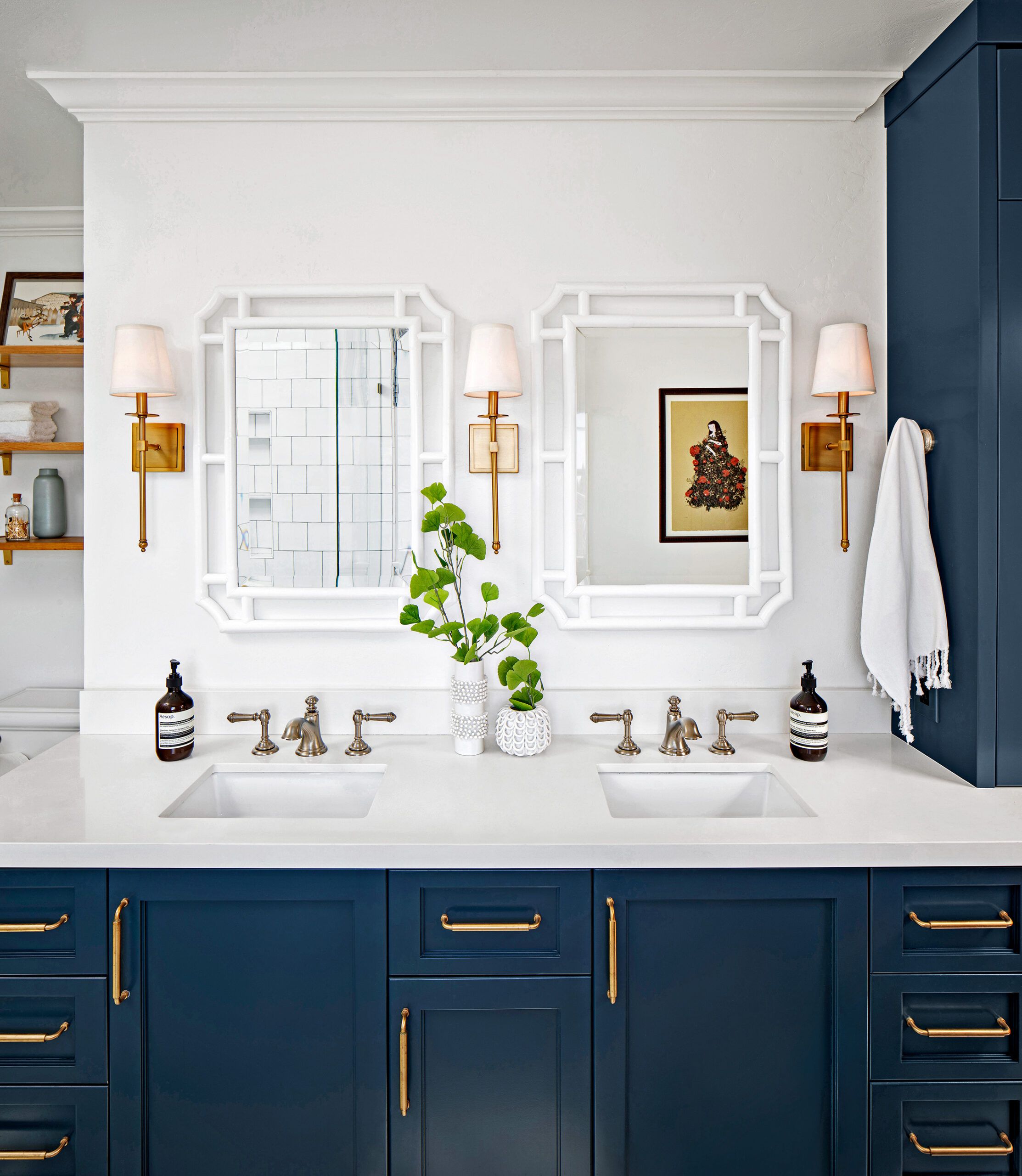 Navy Blue Vanity Brass Hardware Design Ideas