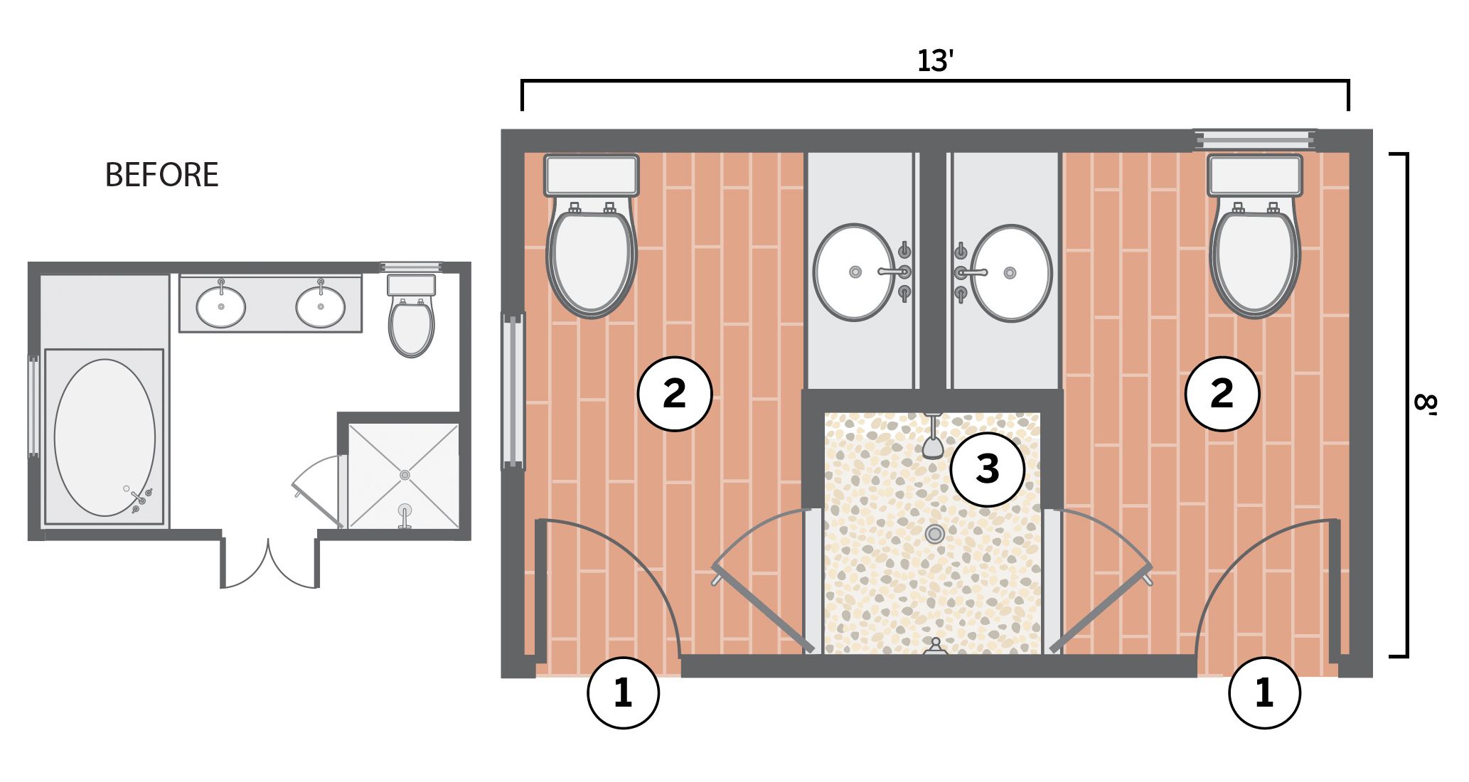 Bathroom layout with 2 doors