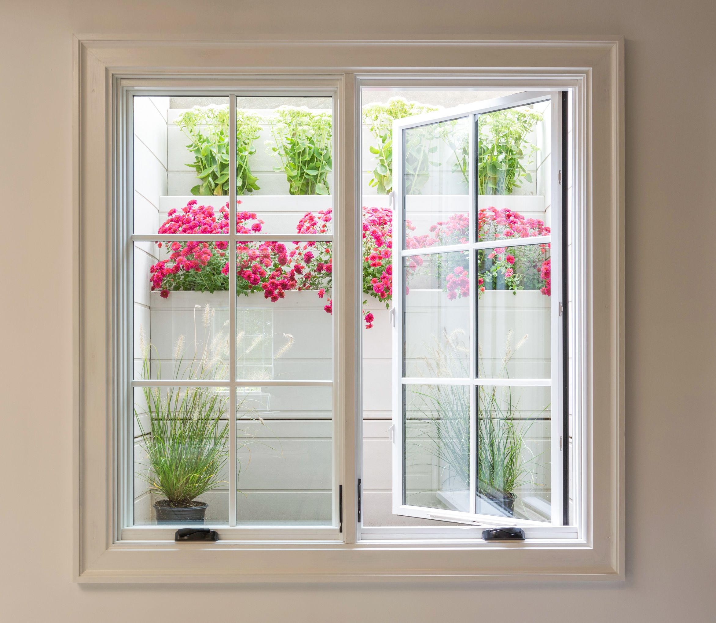 An egress window that is opened halfway. There are flowers and plants on the other side.