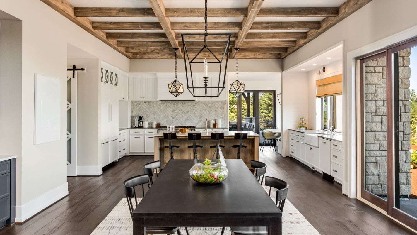 Kitchen with a wood beam ceiling.