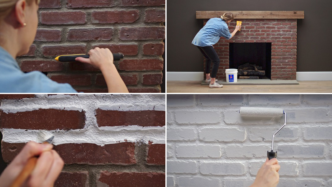 Four images where a woman cleans and preps a brick fireplace before painting it white using a small brush and paint roller.