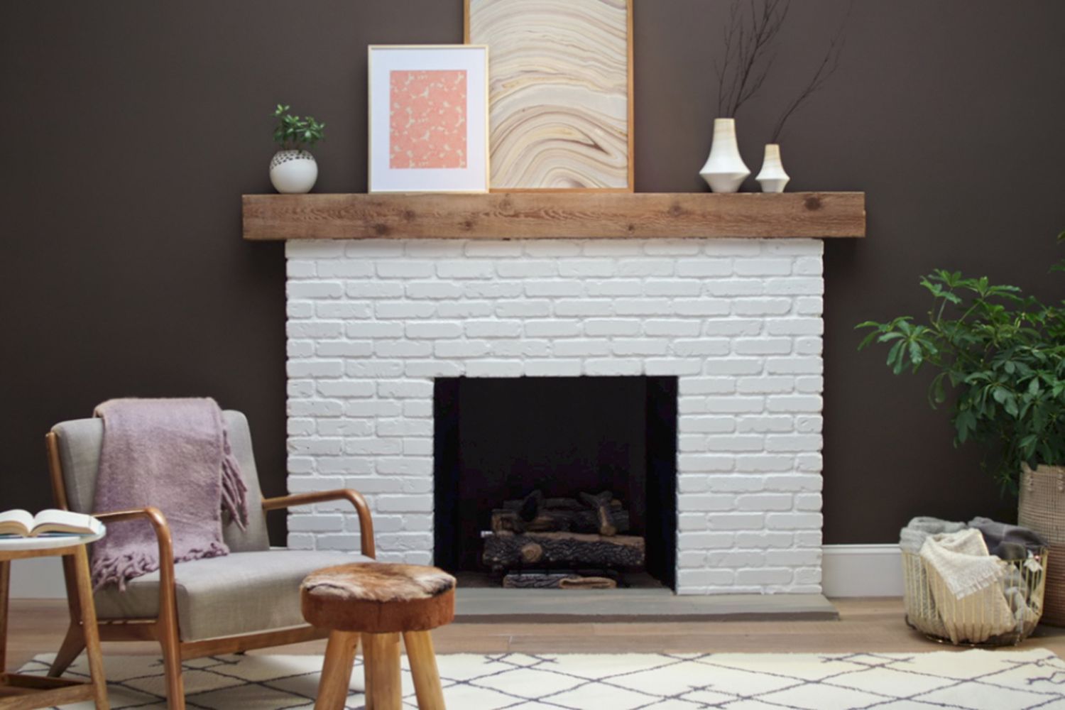 Brick fireplace after a paint makeover.