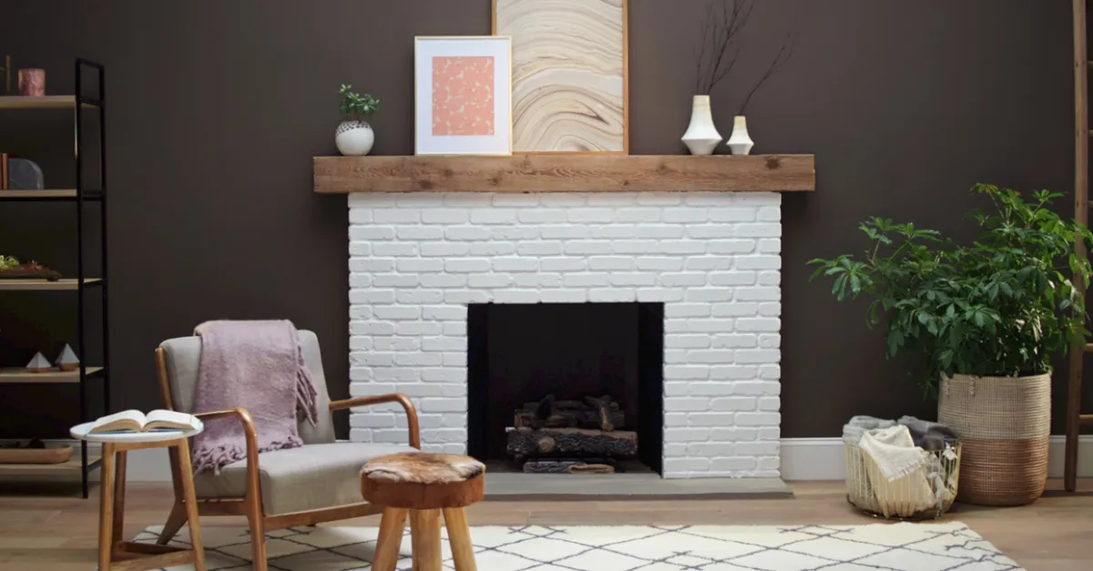 Brick fireplace after a paint makeover.