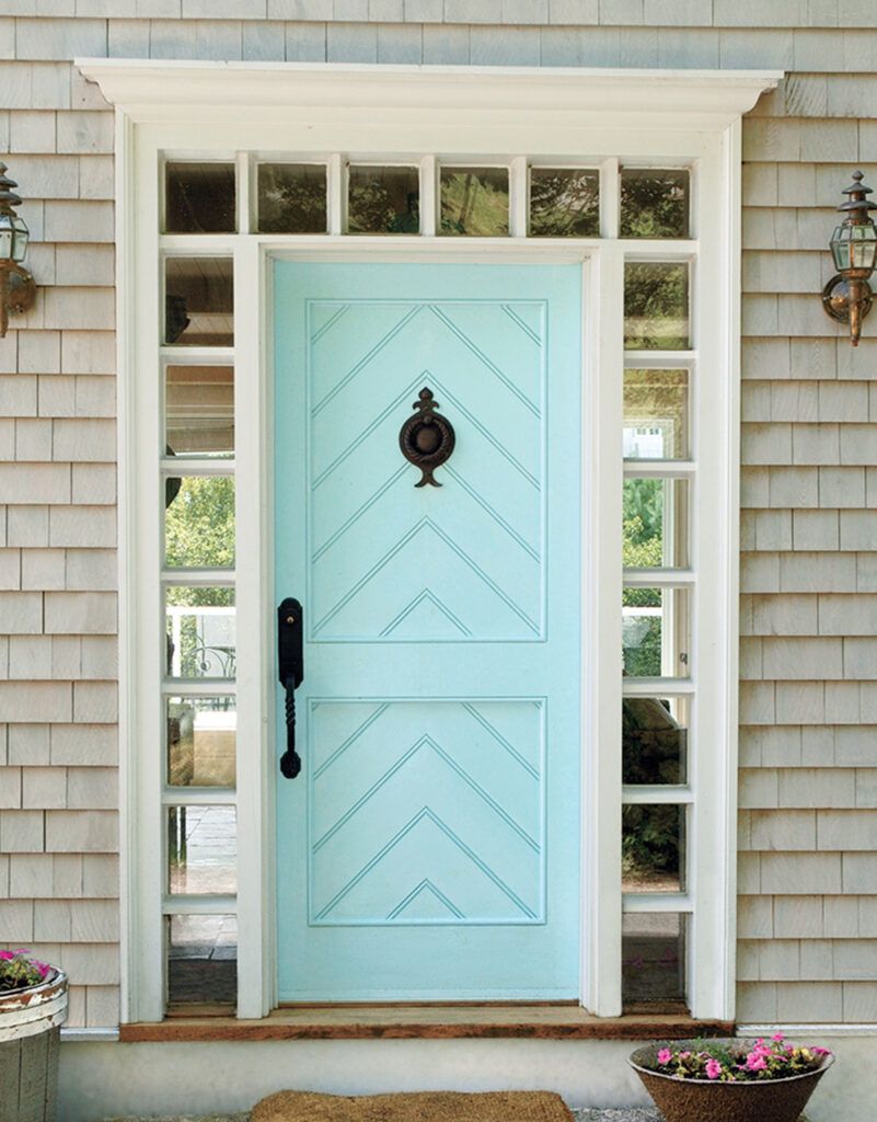 A bright blue front door.