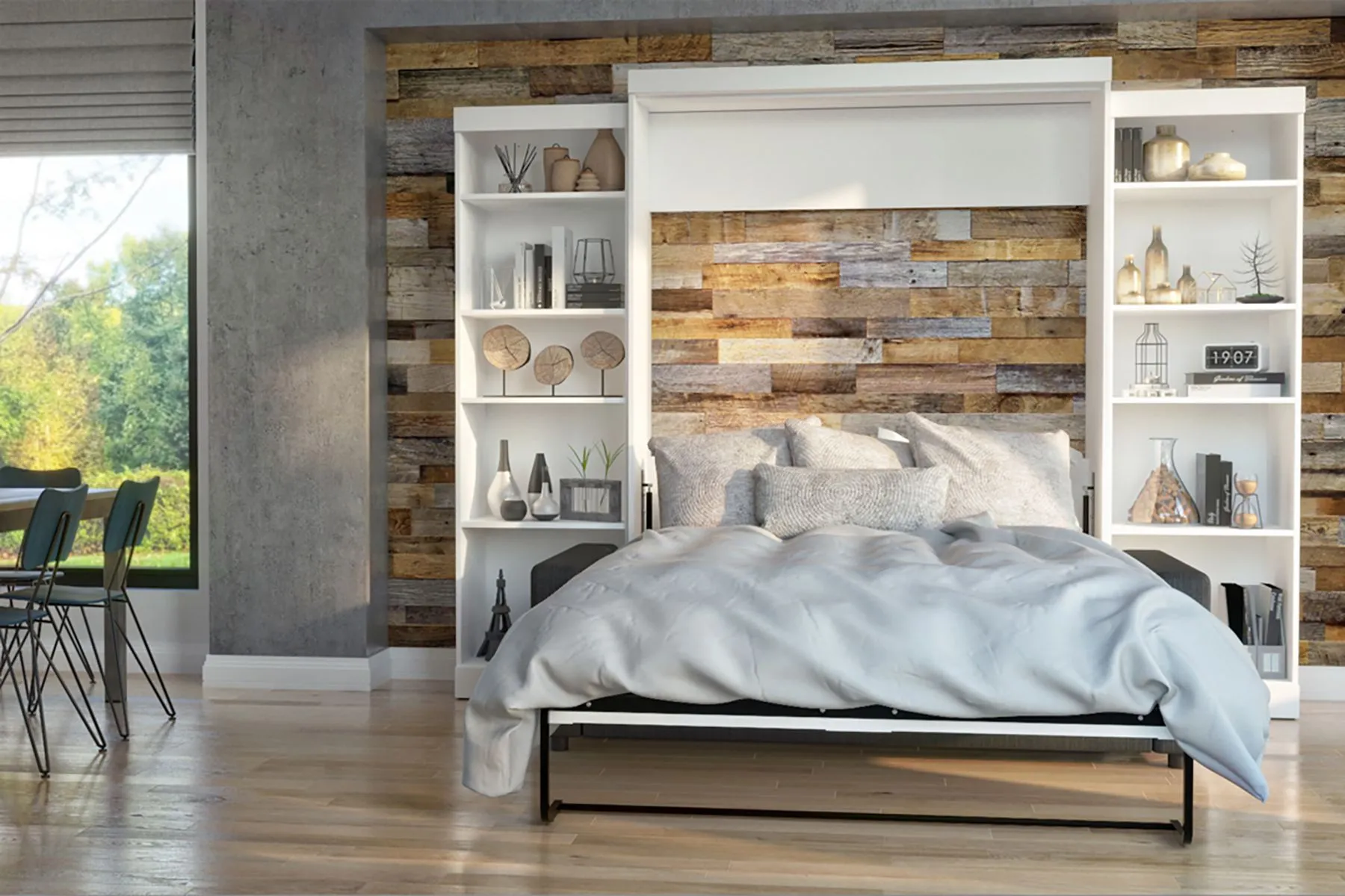 A fully extended murphy bed in a bedroom.