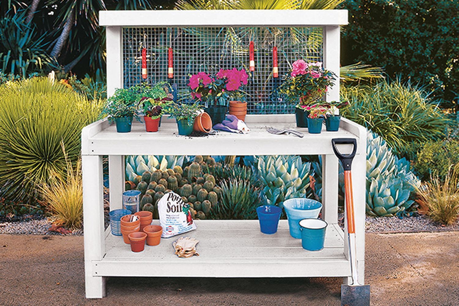 A potting bench sitting on a patio