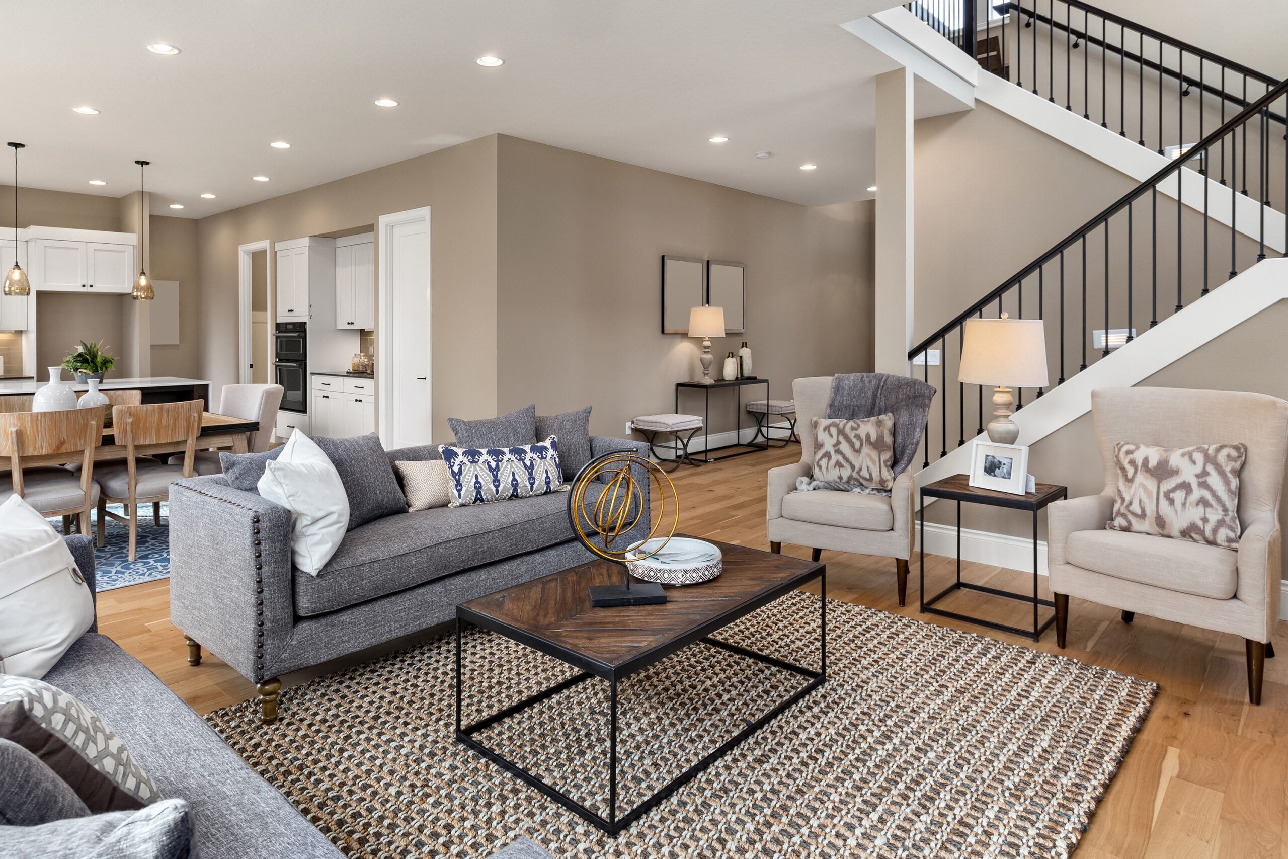 open concept living room dining room kitchen