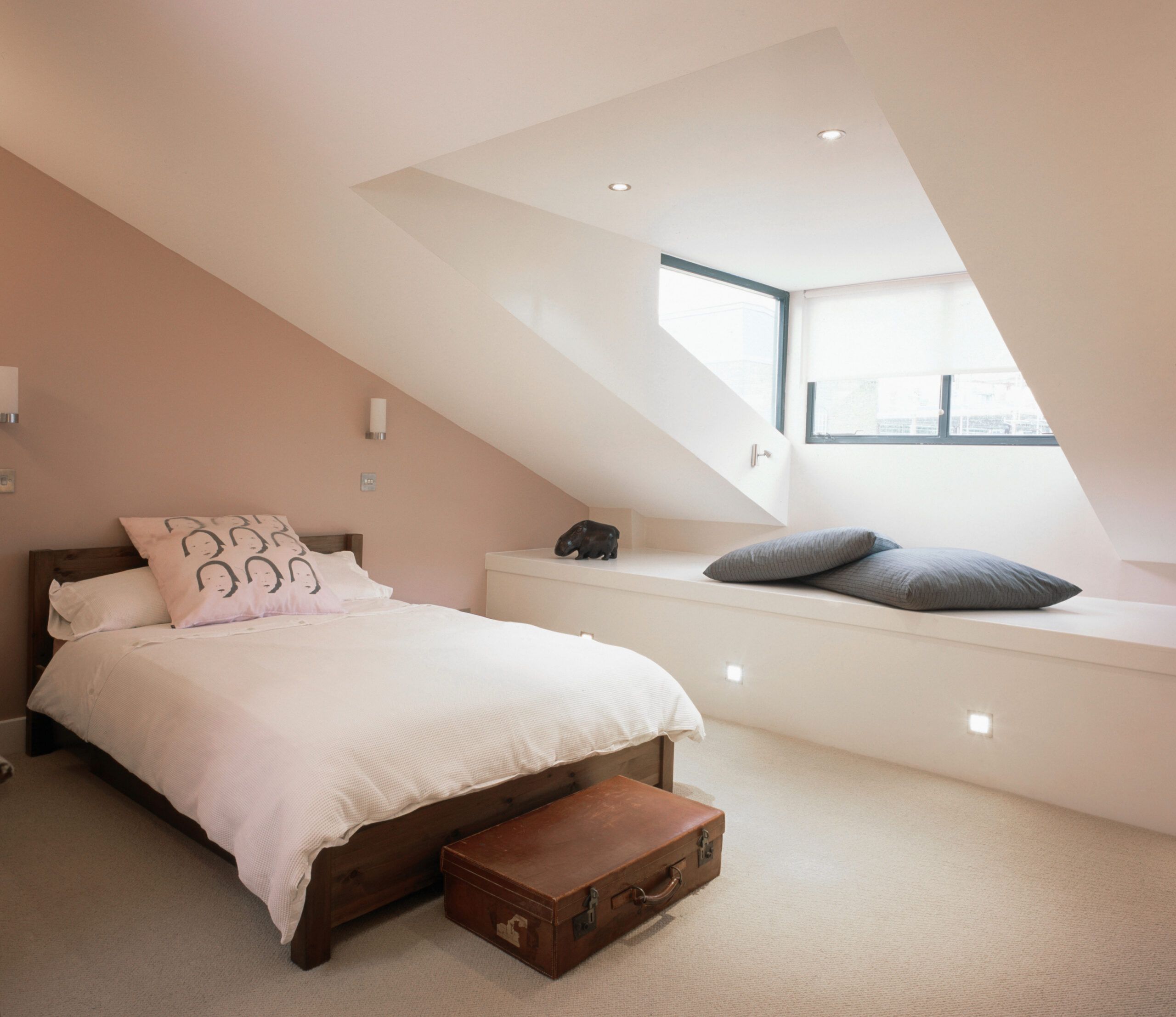 A finished attic with skylights.