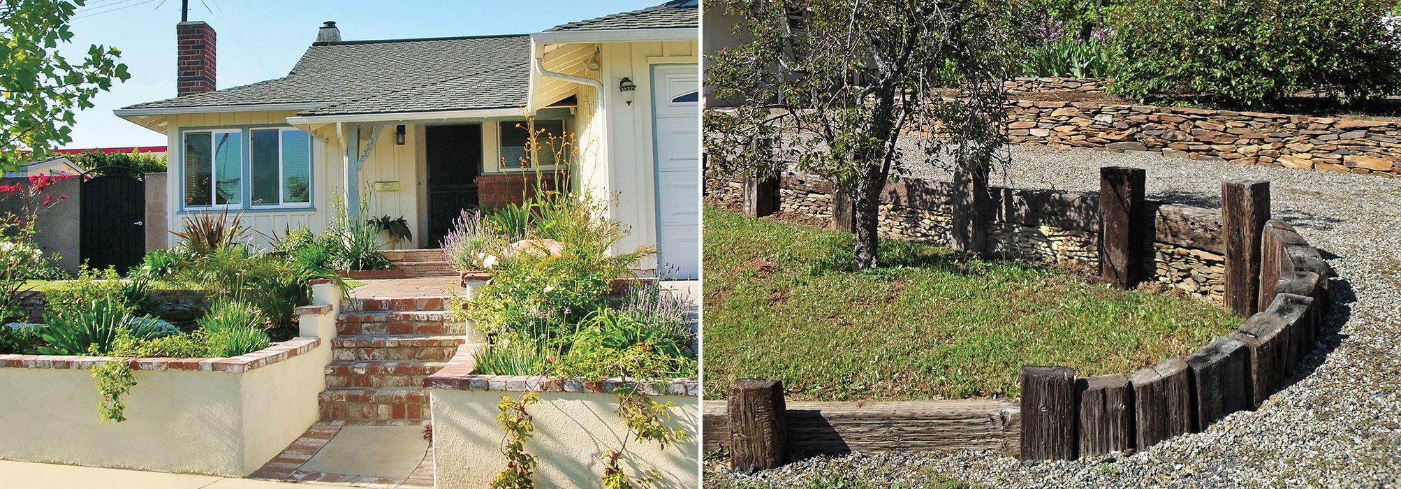 Two images of retaining walls. On the left, a house with a concrete retaining way separating the yard and garden from the sidewalk and pathway. On the right, a wooden retaining wall separating a grave driveway from the grass. 