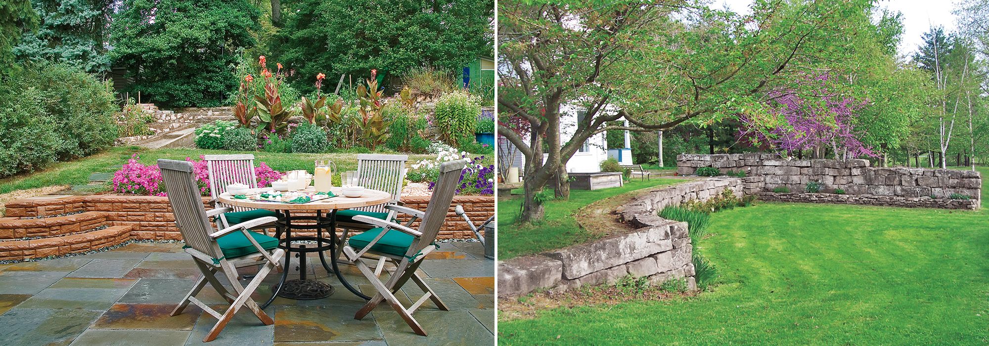 Two images of retaining walls. On the left, a retaining wall between a yard and patio. On the right, a stone retaining wall separating a yard into upper and lower levels.