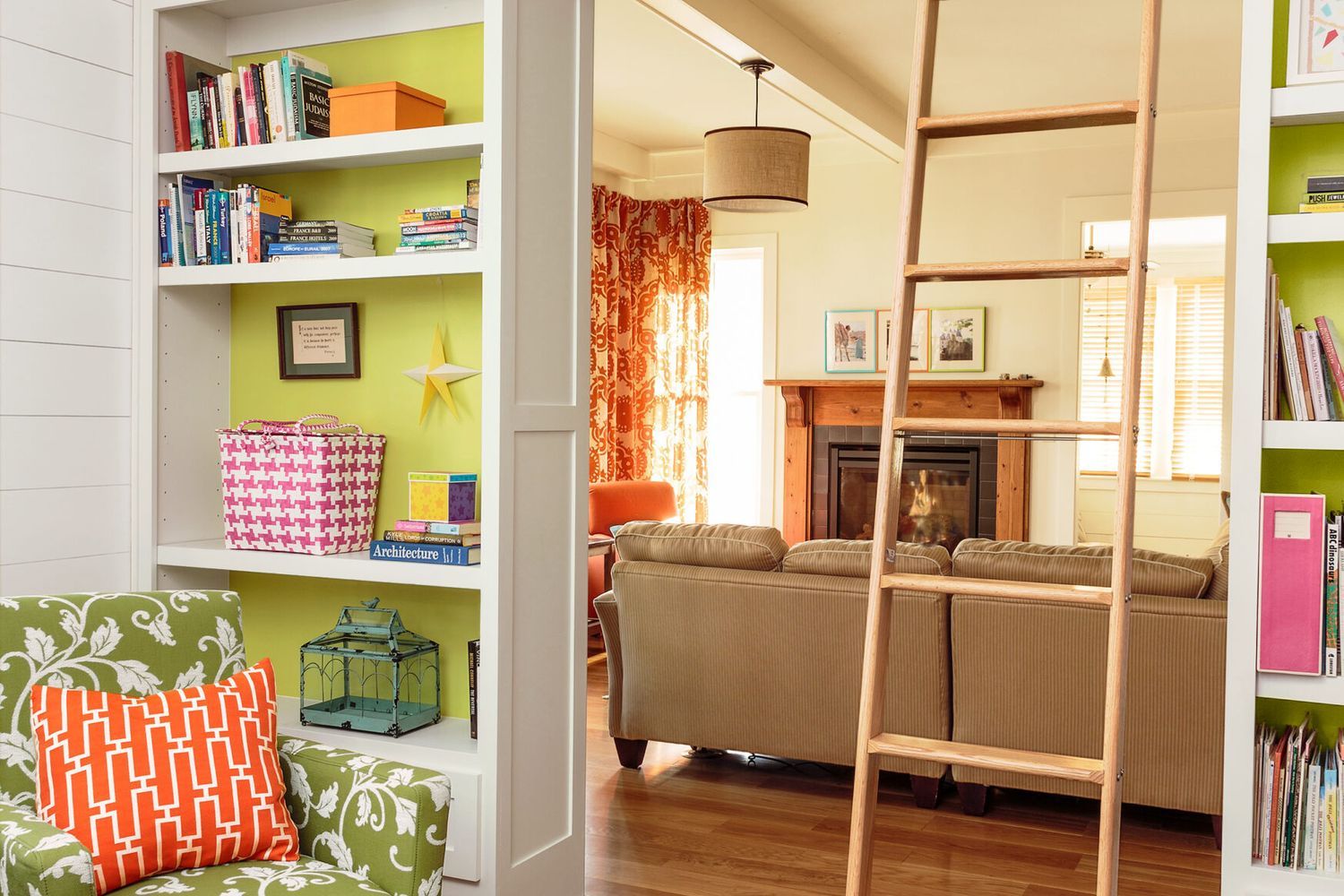 Built-in bookshelves with a rolling ladder.