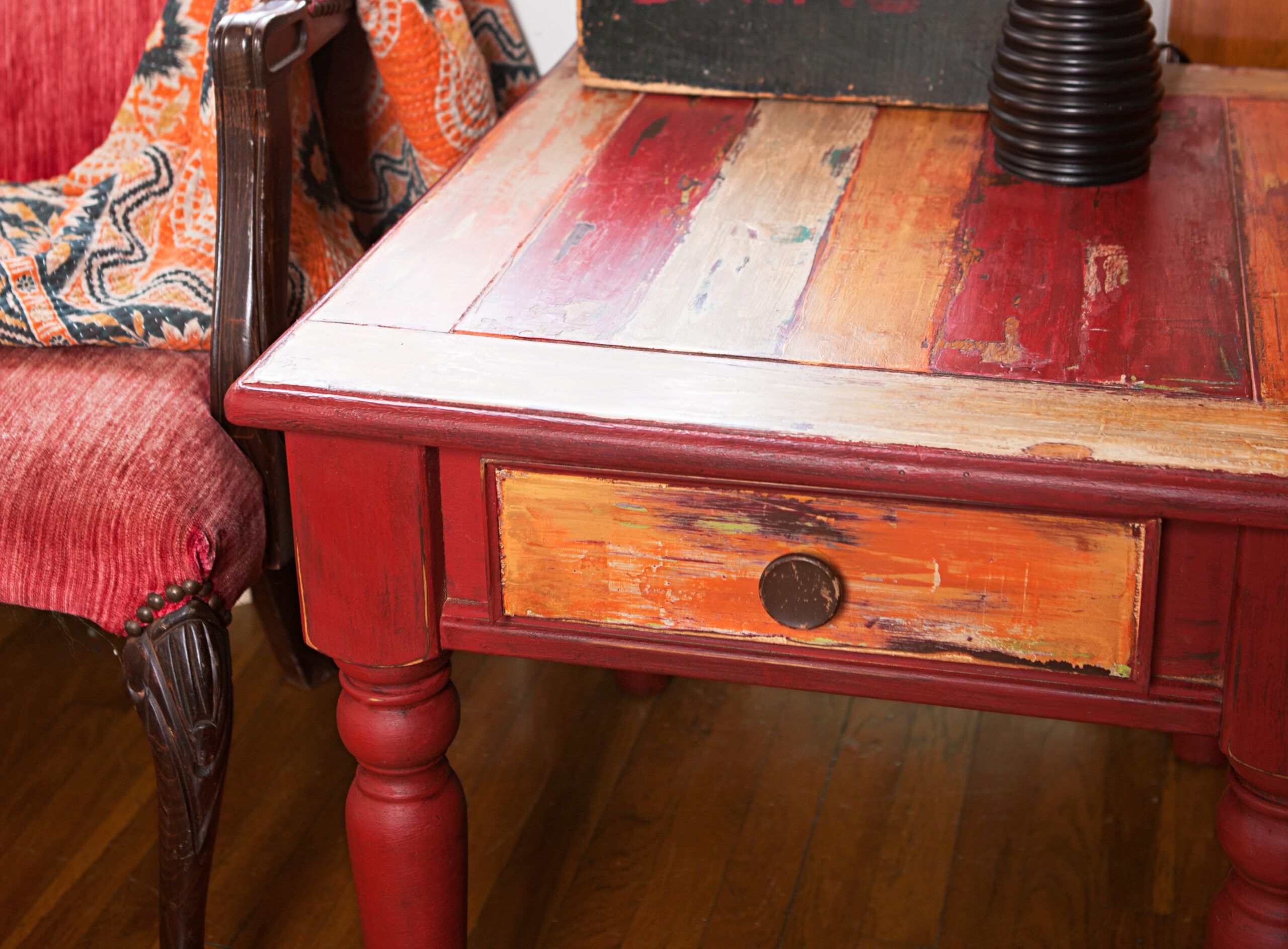 red distressed furniture