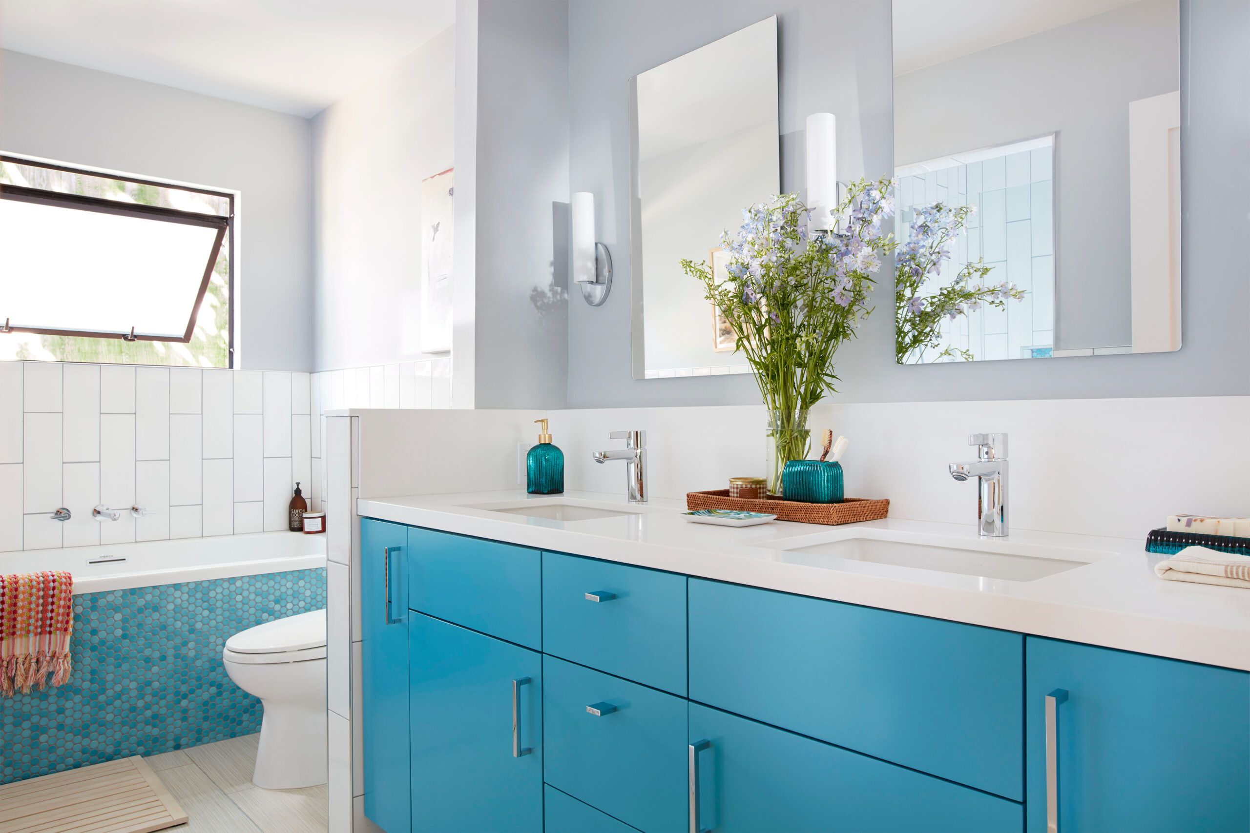 Walk In Shower with Turquoise Blue Cement Tiles - Transitional - Bathroom