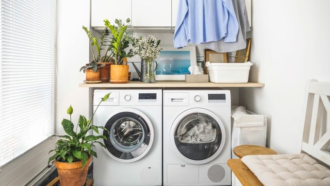 A washing and drying machine with potted plants on top of it.