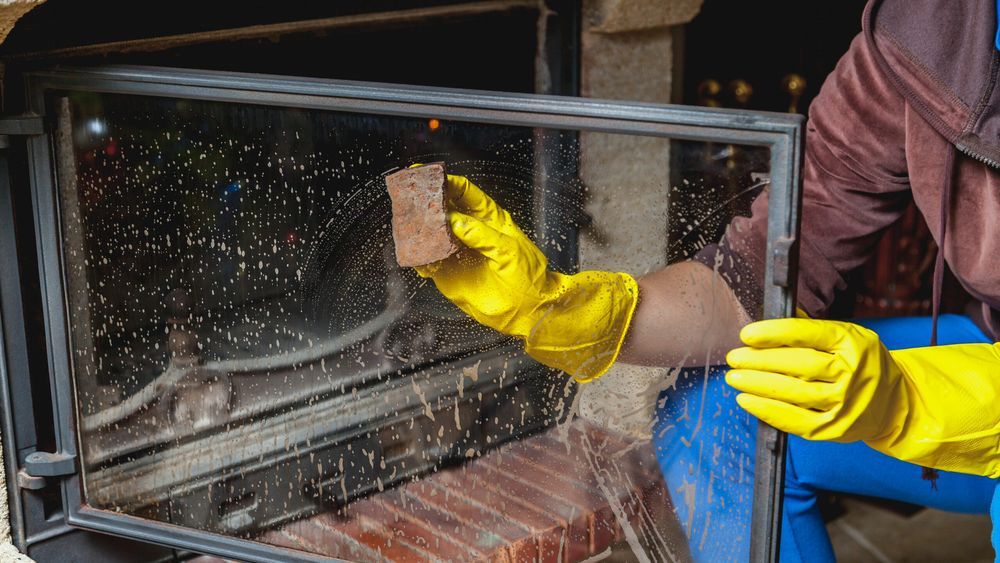 cleaning the inside glass of a fireplace in preparation for use