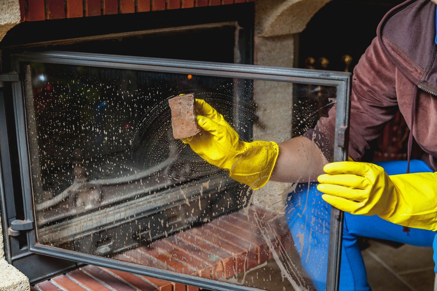 cleaning the inside glass of a fireplace in preparation for use