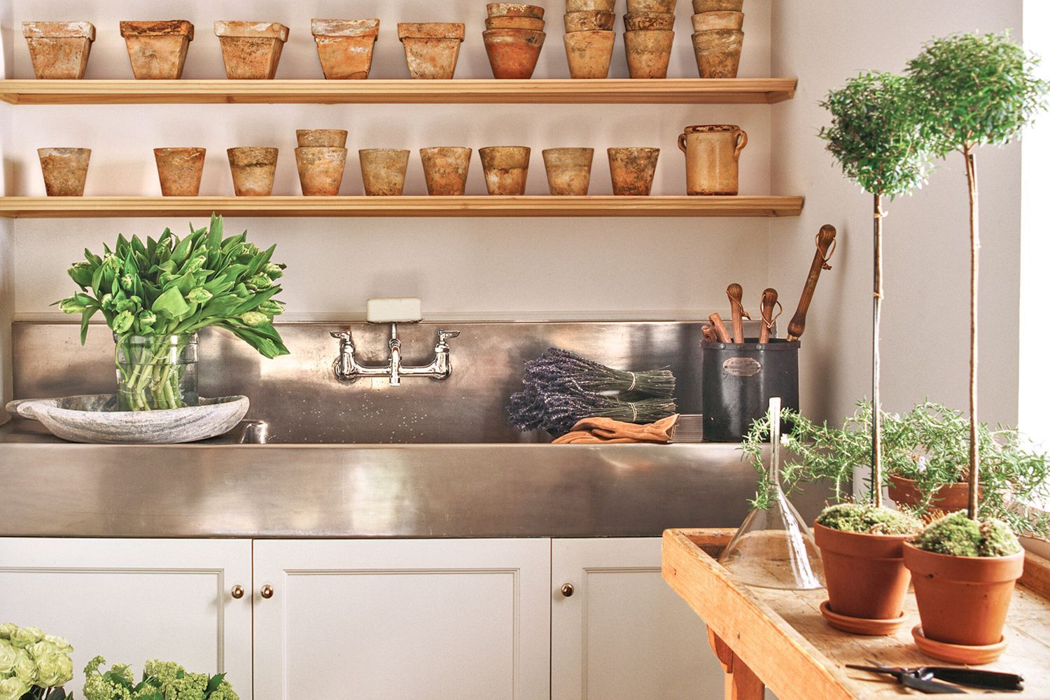 A modern farmhouse style potting room.