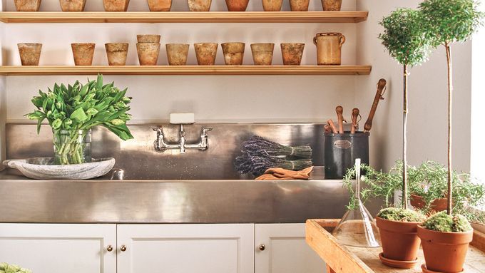 A modern farmhouse style potting room.