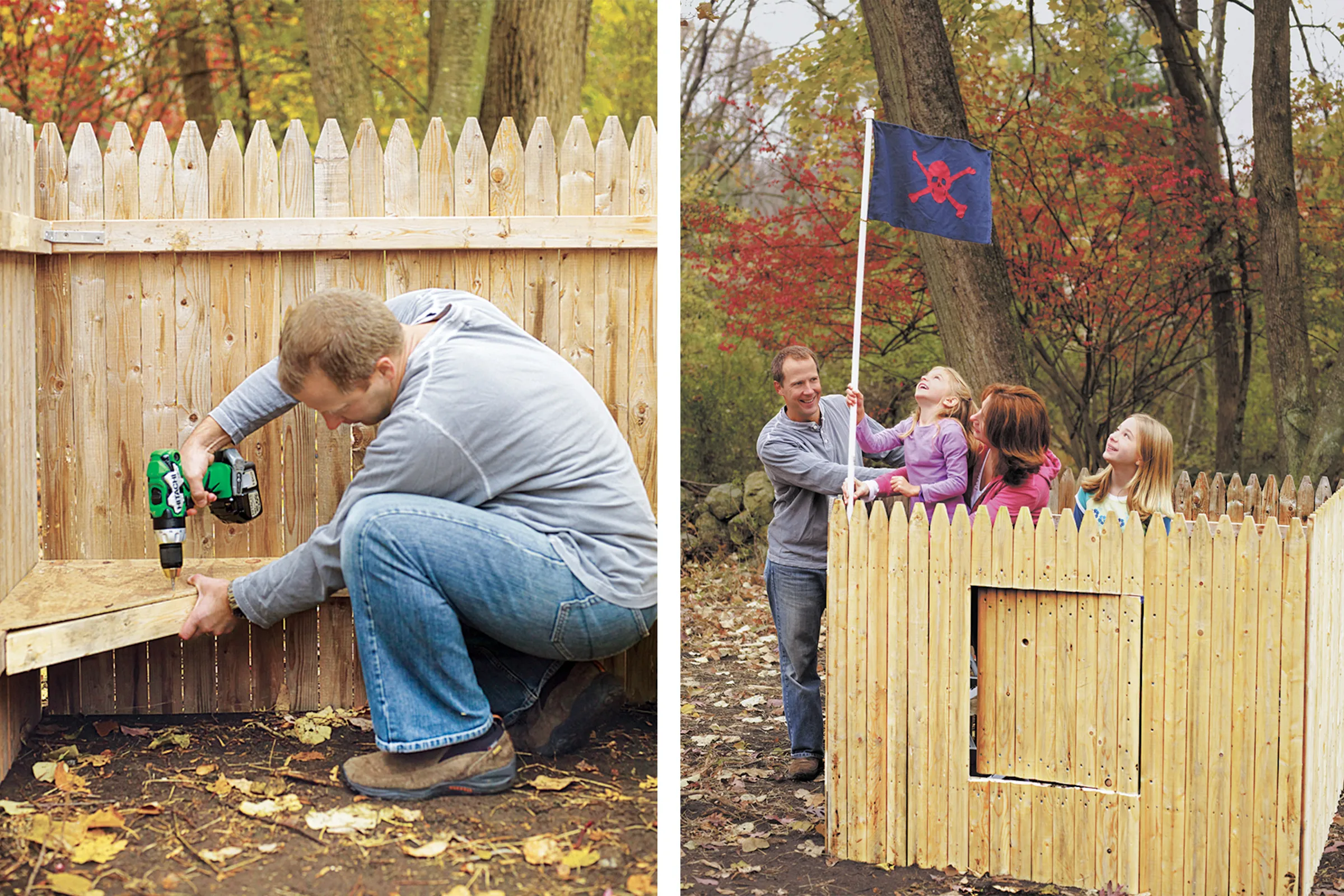 using a drill to construct a seat inside of a fort