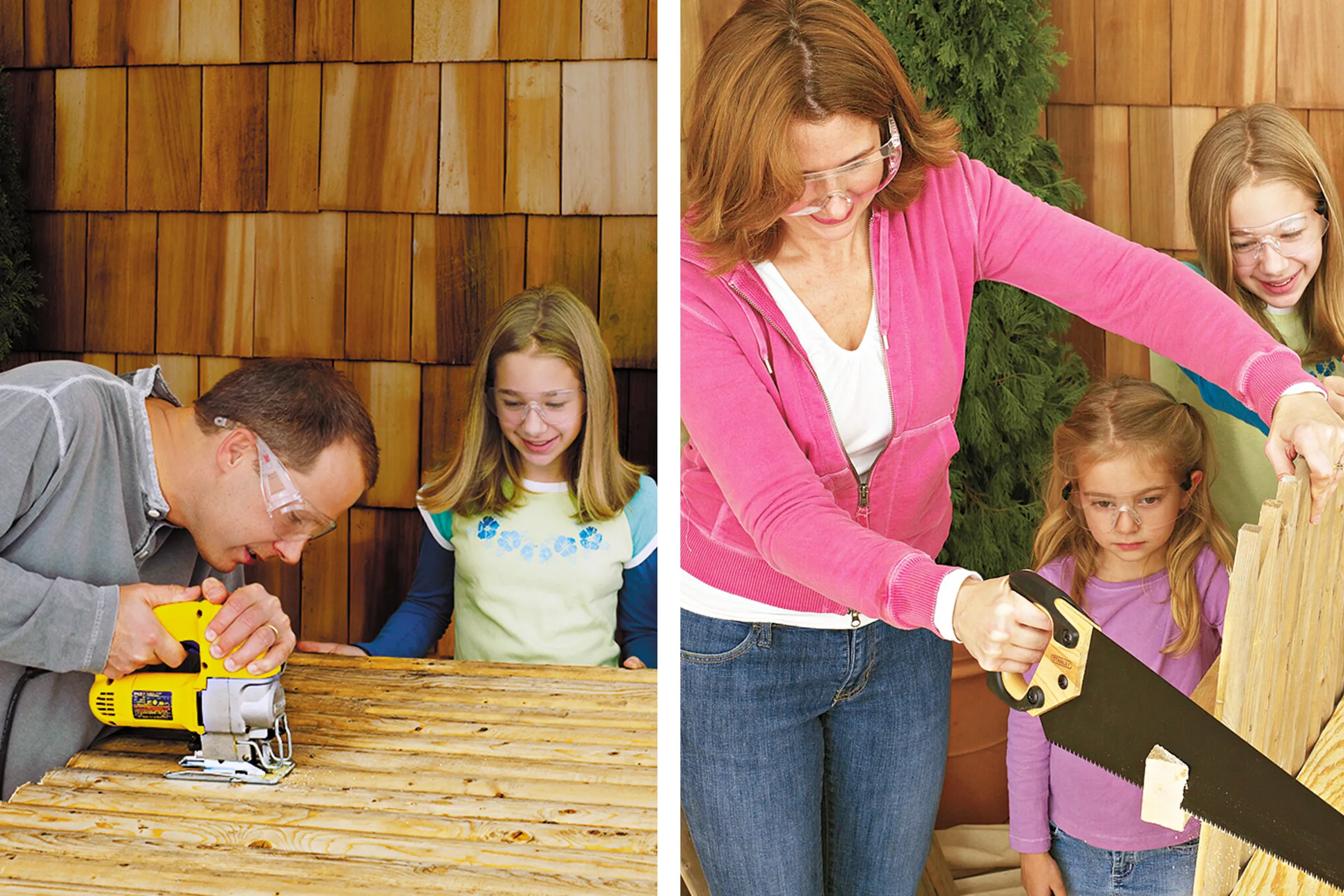 a family using a saw to cut the wood for a fort