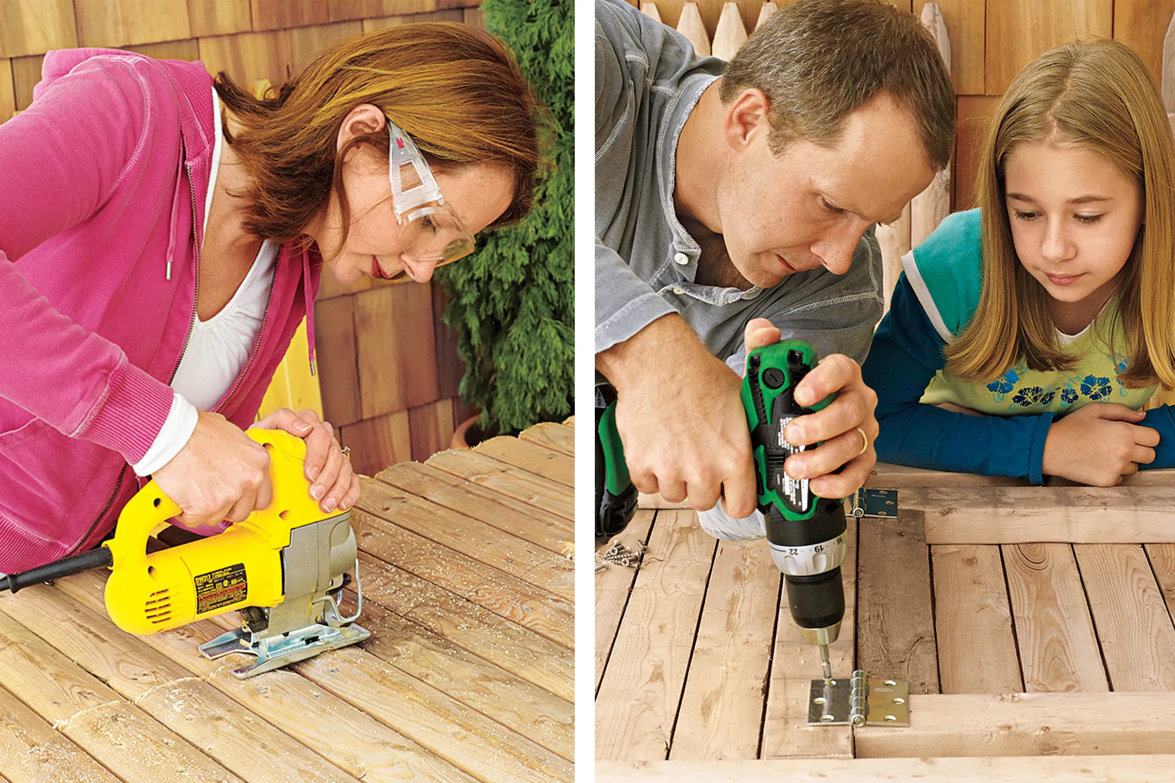 a family using a saw and drill to create the hatch of a fort