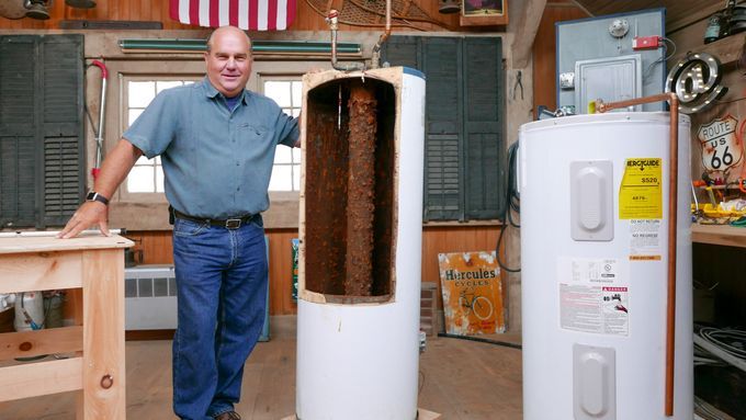 A water heater cross section and Richard Trethewey.