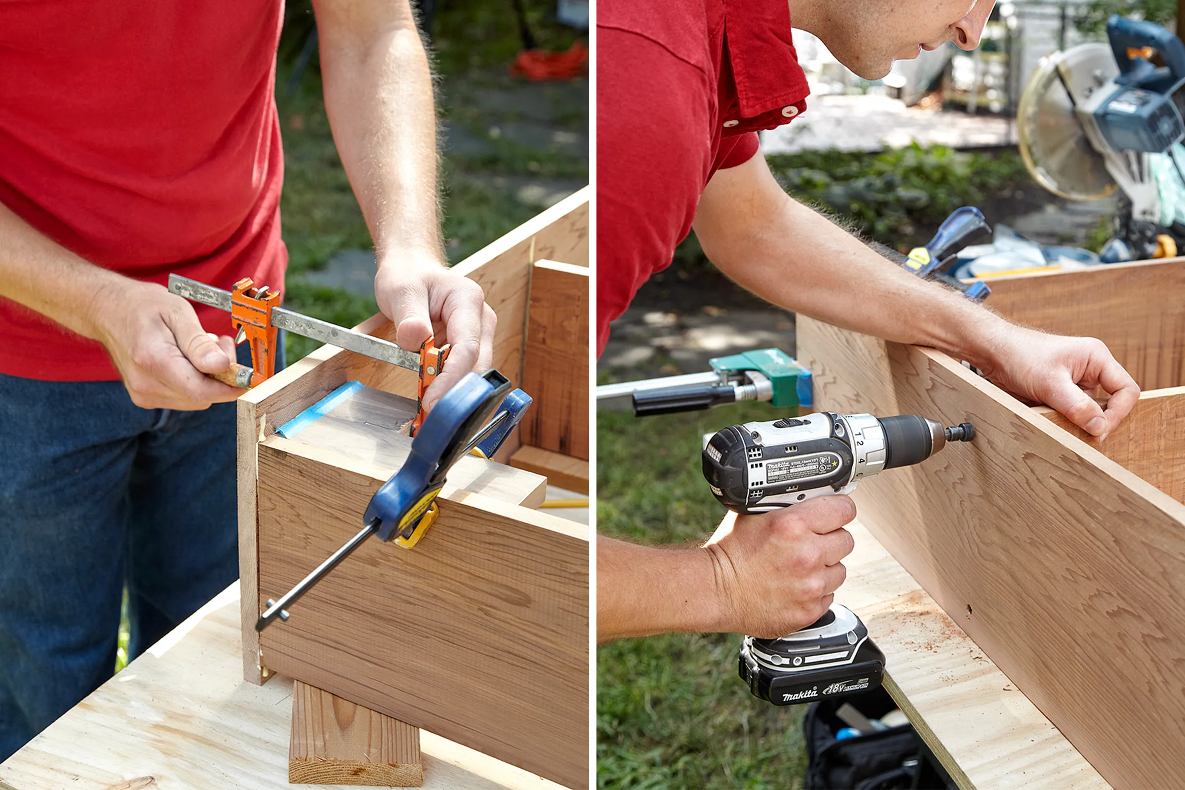 A person clamps and drills together the box of a fold-down murphy bar