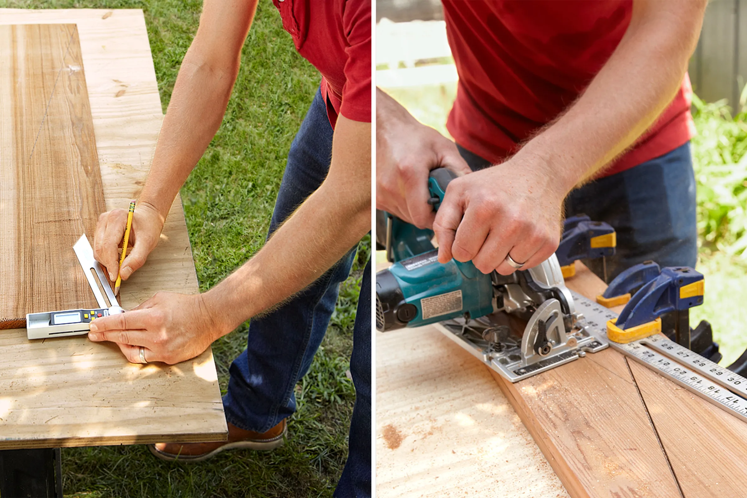 A person uses a bevel gauge to mark and then cut wood for a fold-down murphy bar.