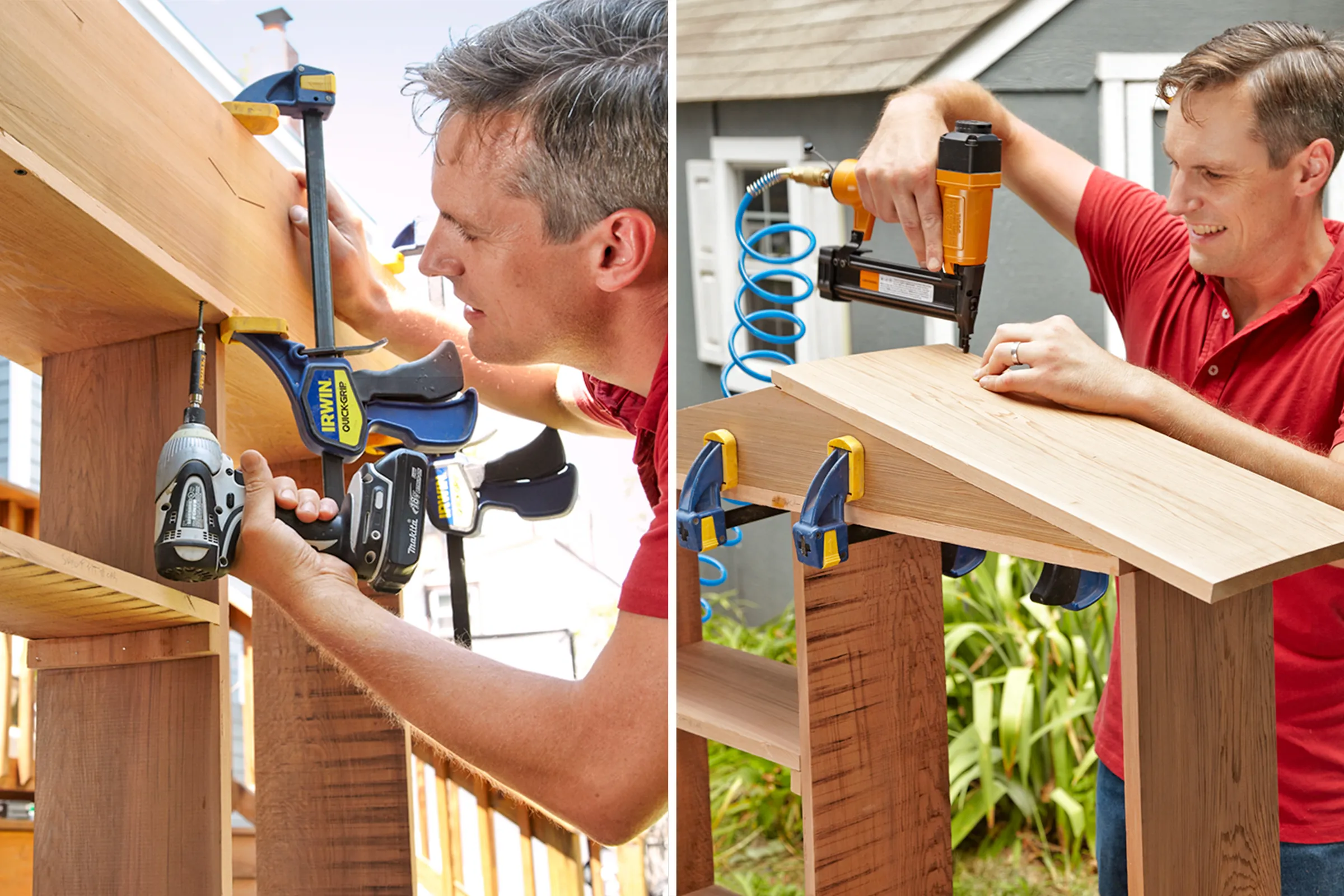 A man uses a drill and nail gun to attach the roof pieces to the murphy bar.