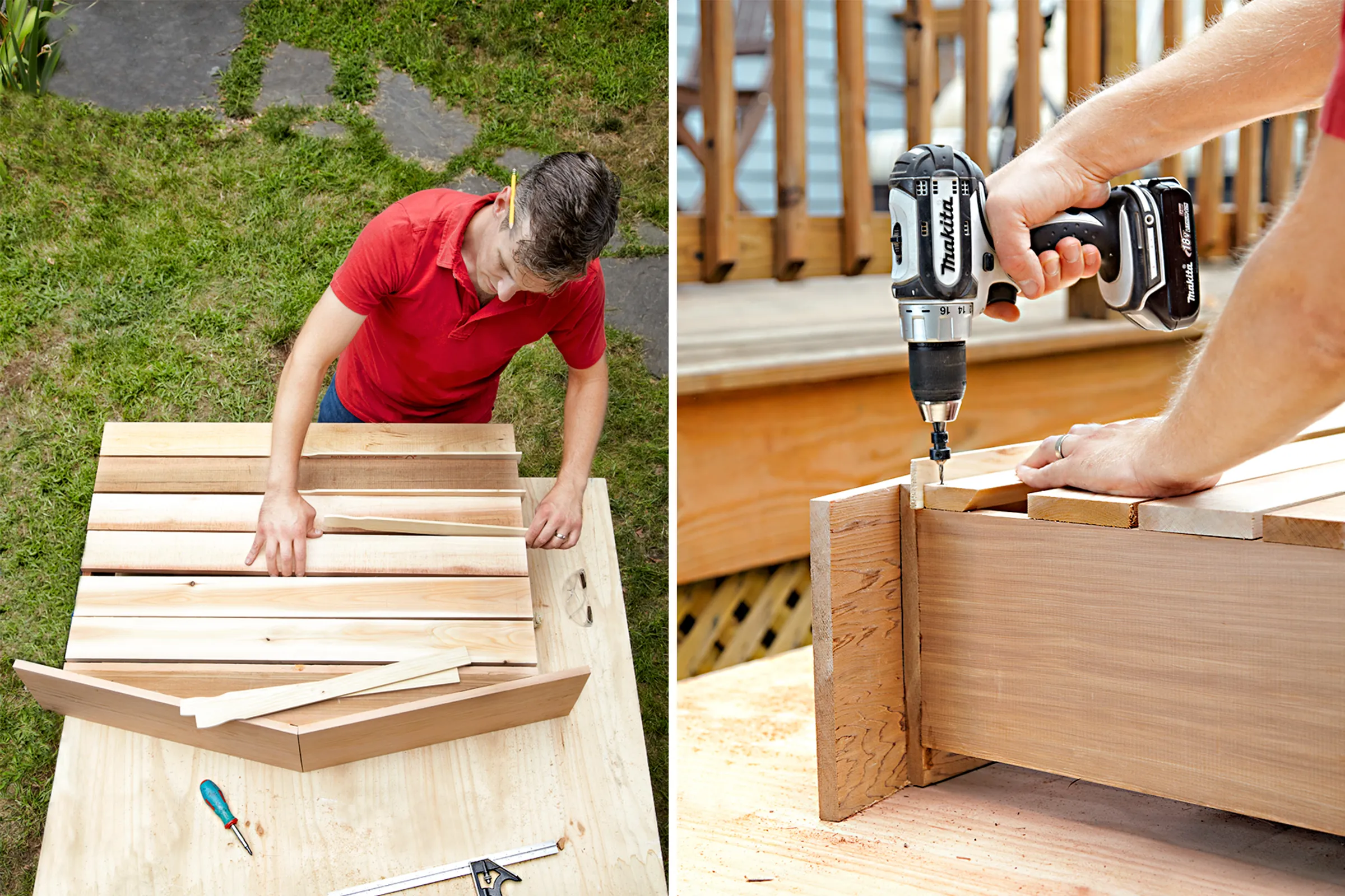 A man lays out and attaches slats to created the back of the fold-down murphy bar.