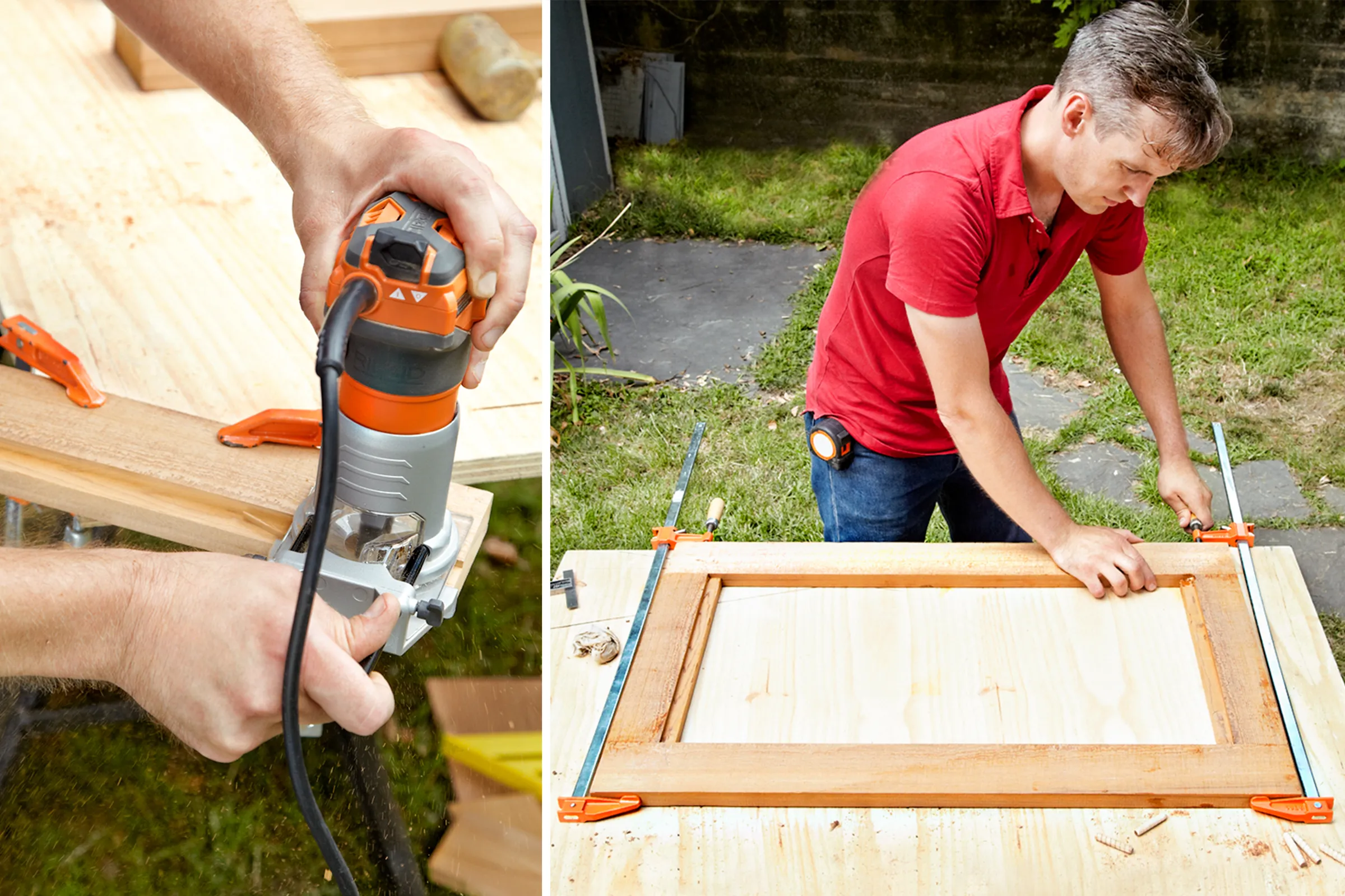 A man uses a router to make a French cleat and assembles the frame for the fold-down murphy bar.