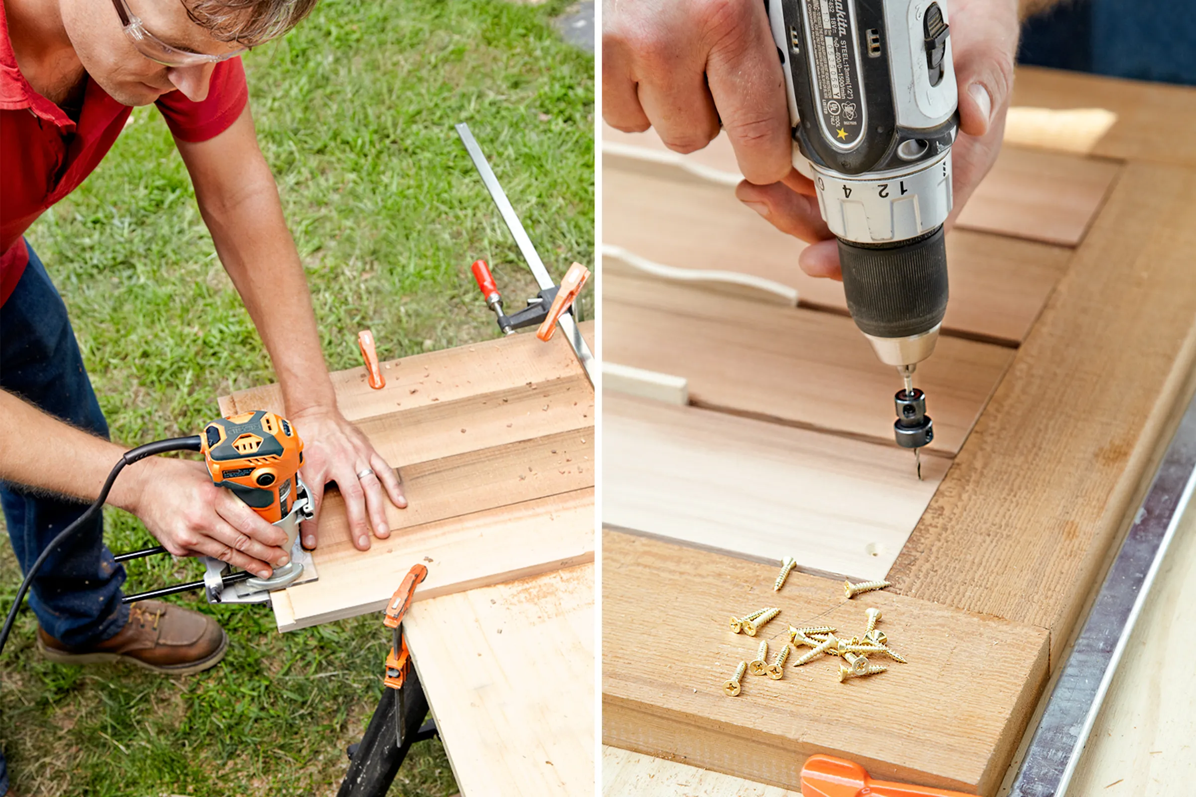 A man routs the inset slats and attaches them to the frame of the fold-down murphy bar.