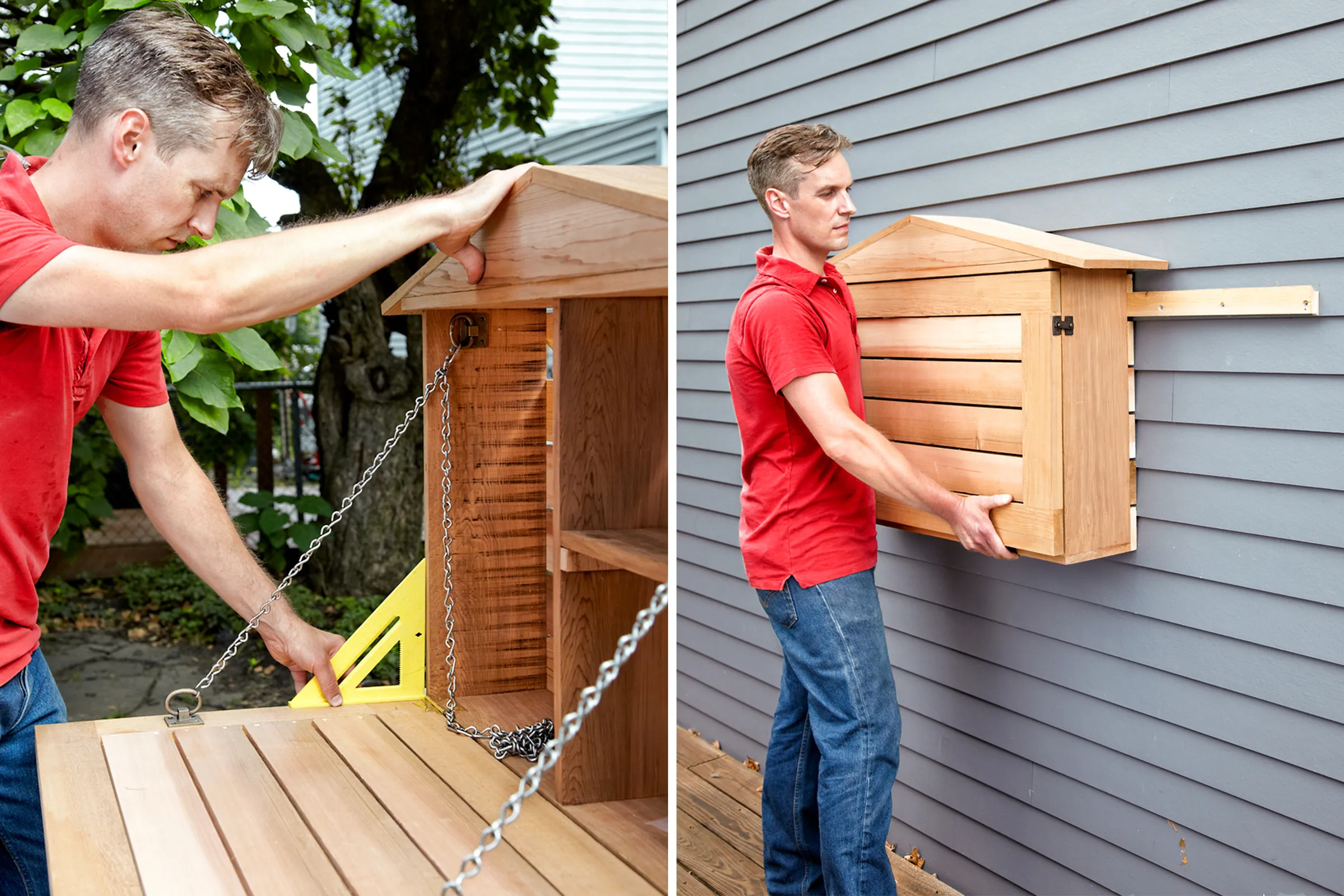 A man installs hardware onto the fold-down murphy bar and then attaches it to the wall.