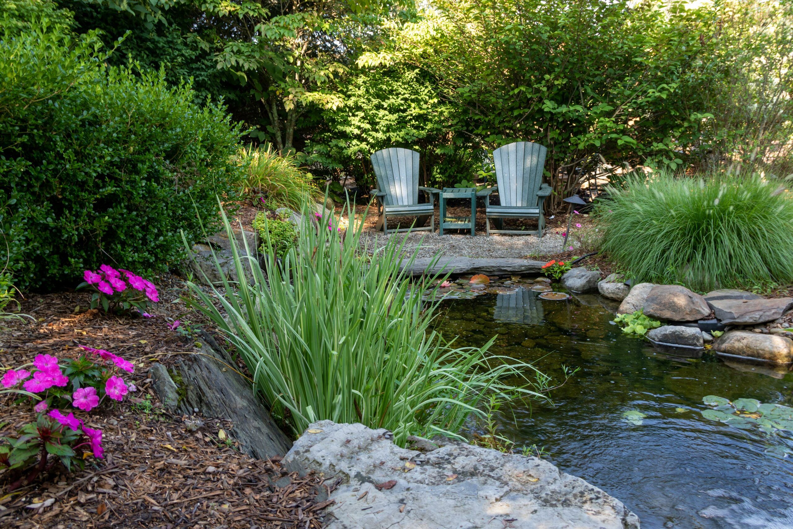 Free-form pond in a backyard. Around the pond there are flowers, plants, wood chips, and two green chairs with a matching table.