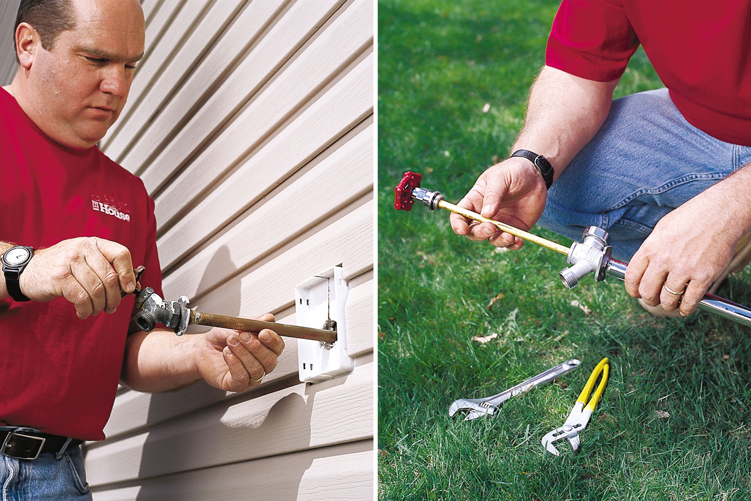 Richard Trethewey unscrews and removes a exterior faucet from a house so that it can be replaced by a freezeproof faucet.