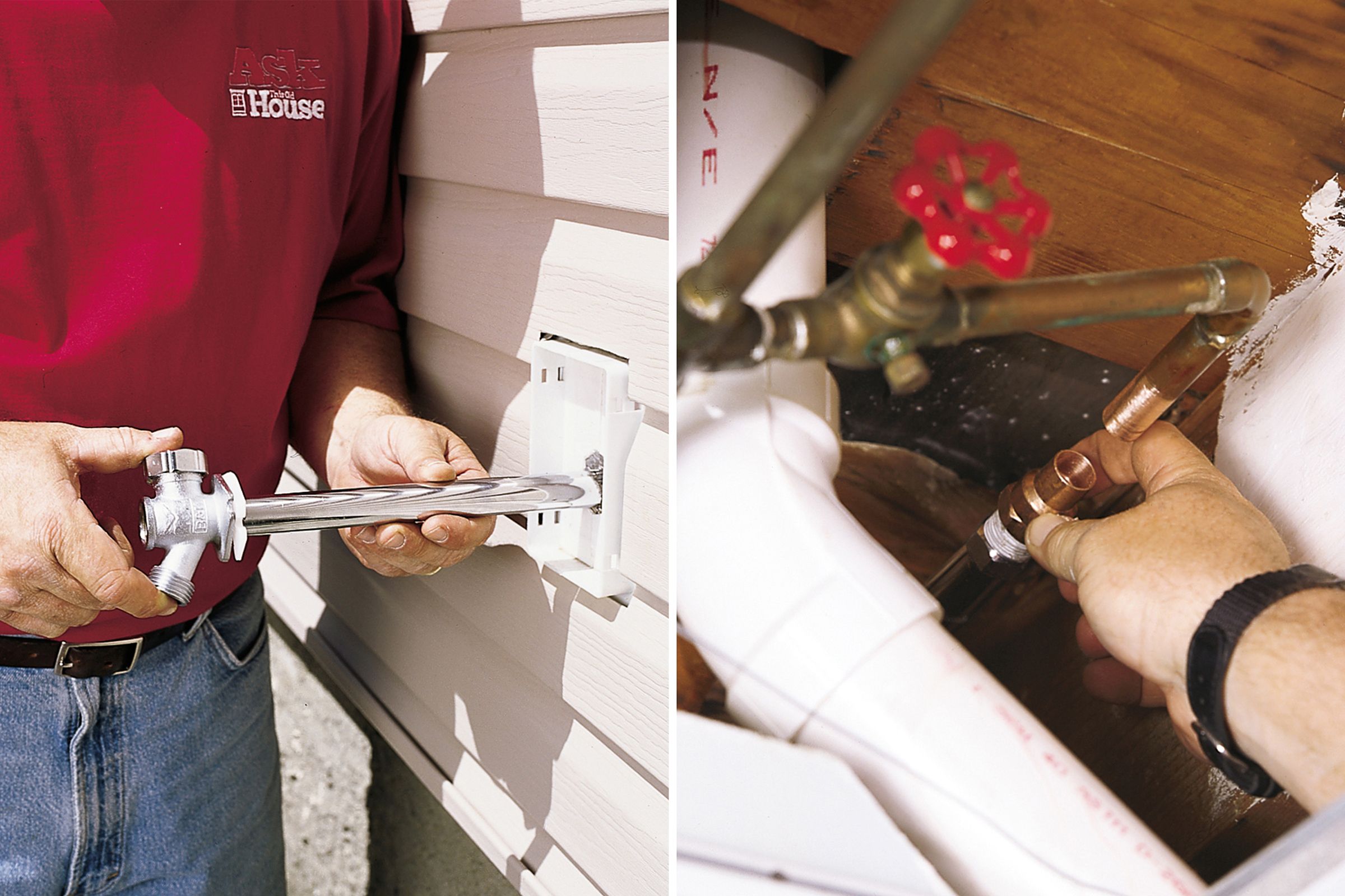 A new freezeproof faucet is inserted into the exterior of a house and screwed into the pipes inside.