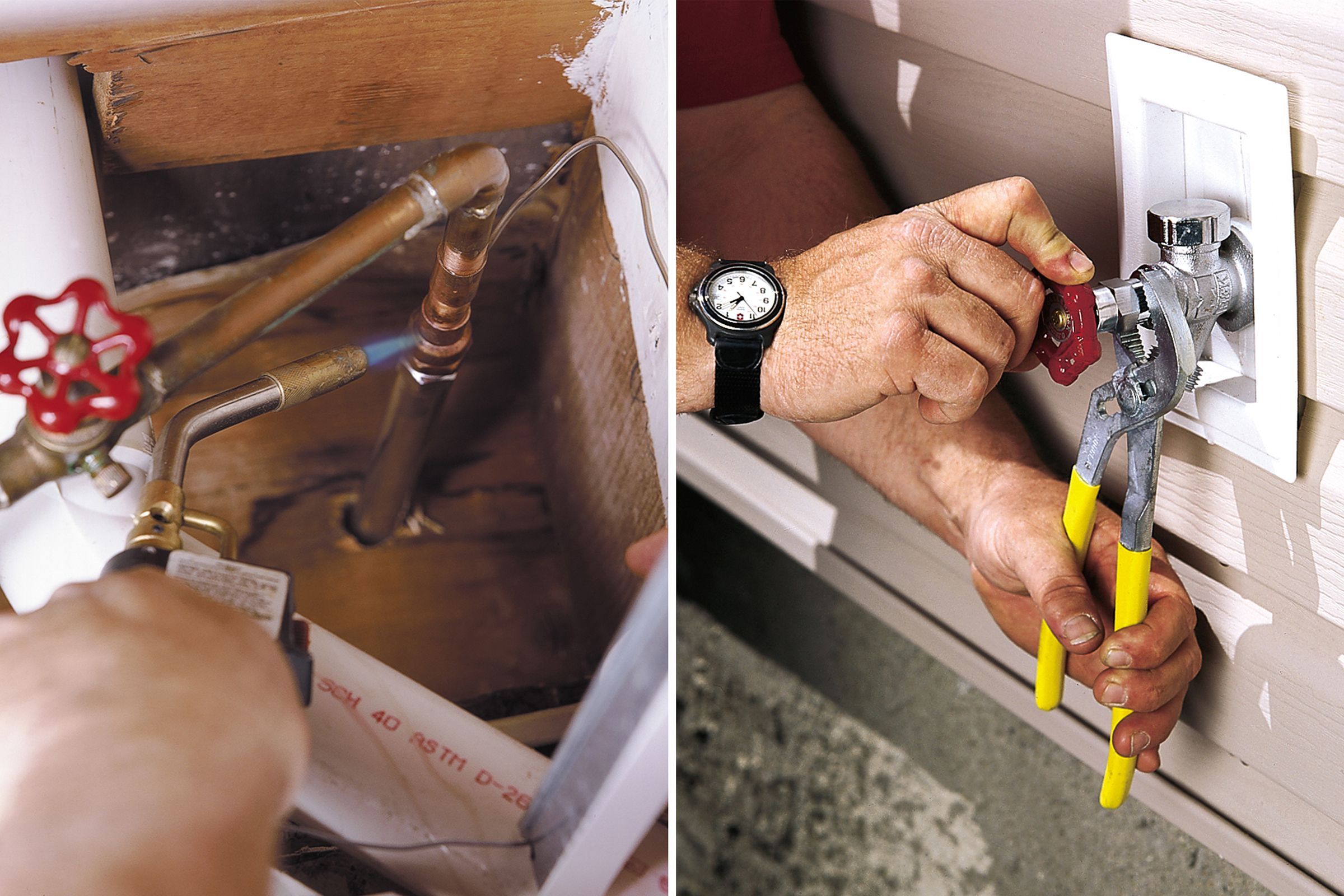 A person uses a torch to solder copper pipes and then tightens the new freezeproof faucet with a wrench.