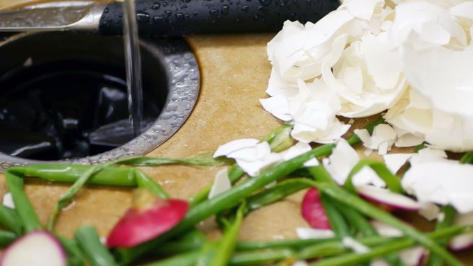 a garbage disposal with vegetables surrounding it