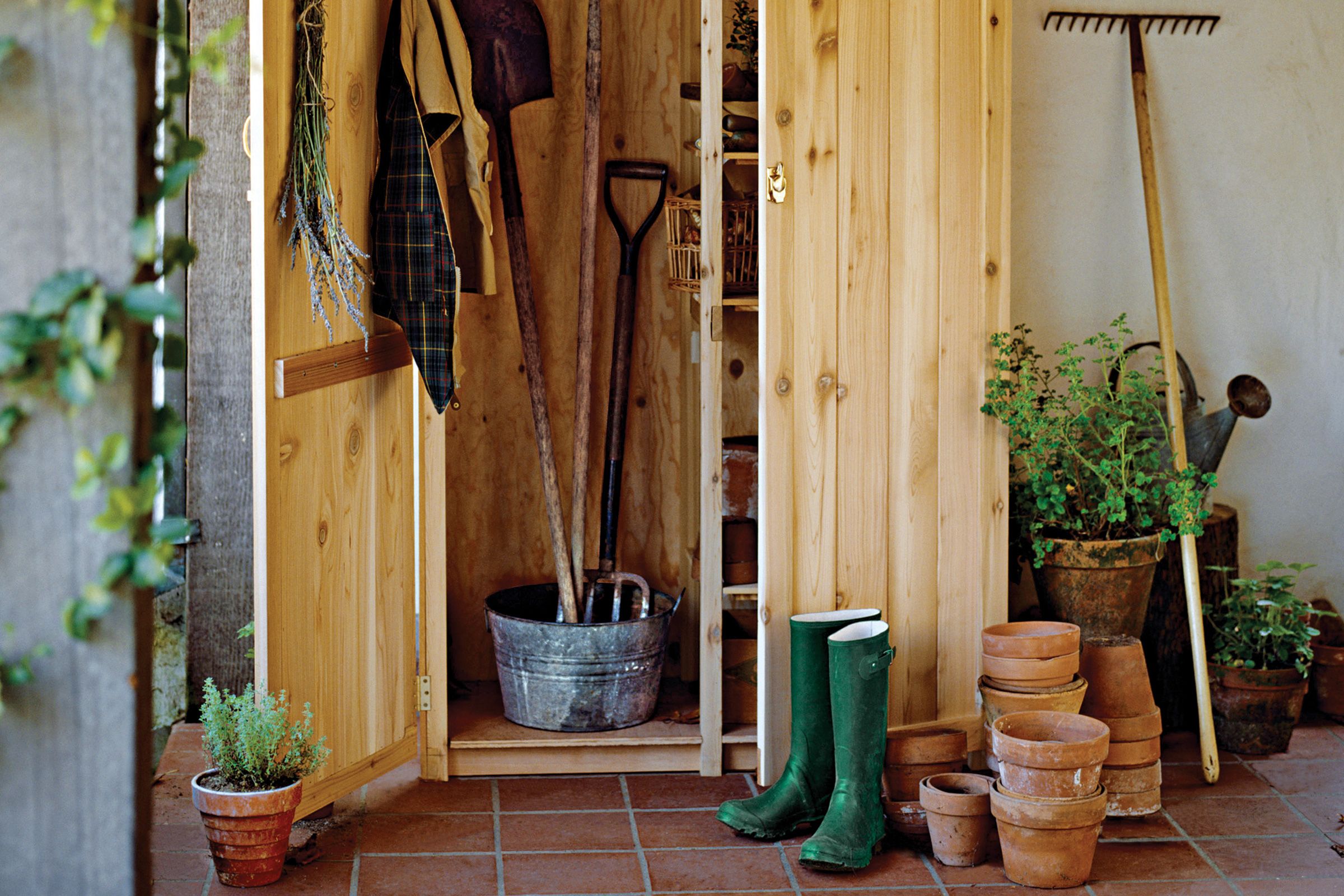 a wooden tool shed