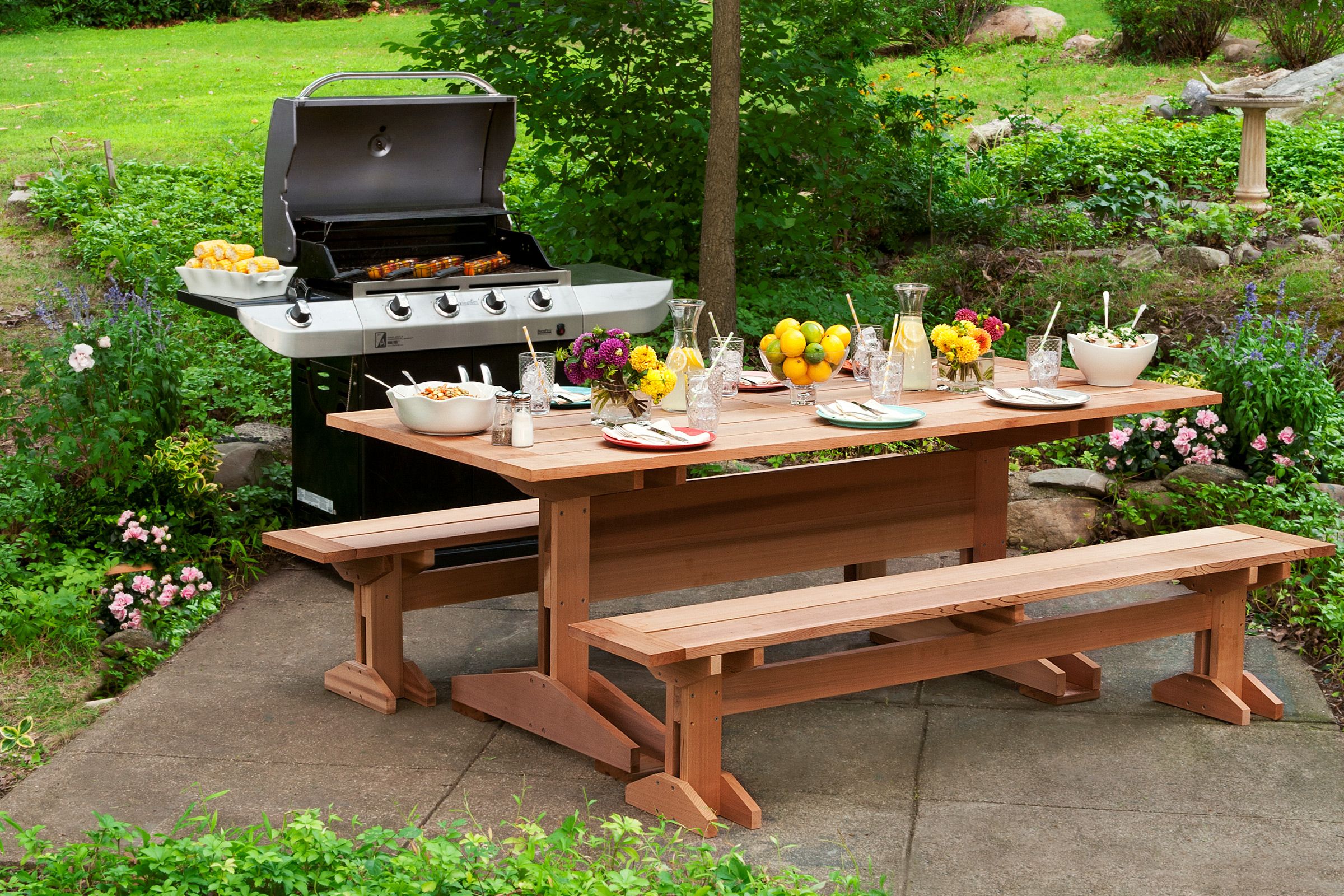 A picnic table and benches