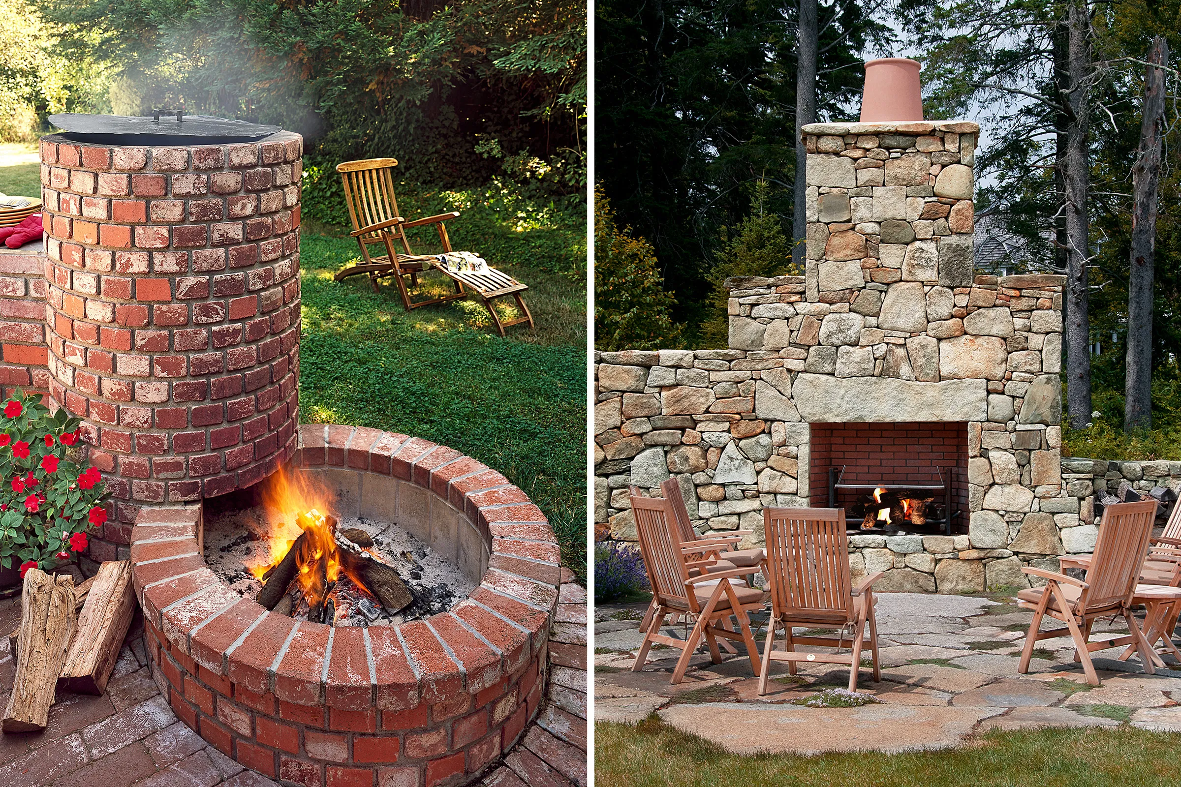 Two images of barbecue pits. The left is a red brick barbecue pit while the right is a stone barbecue pit.